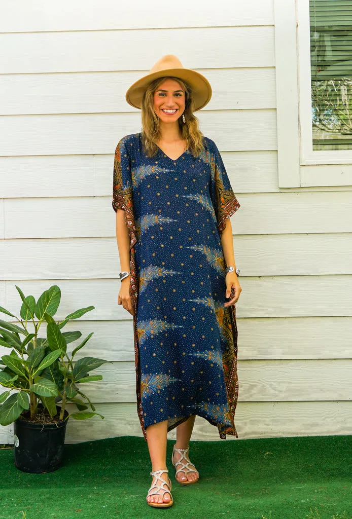 Navy Blue Peacock Feather Kimono Kaftan Dress