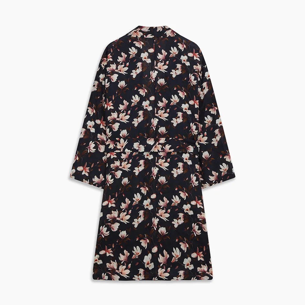 Navy Floral Pattern Linen Hayhurt Kimono Gown