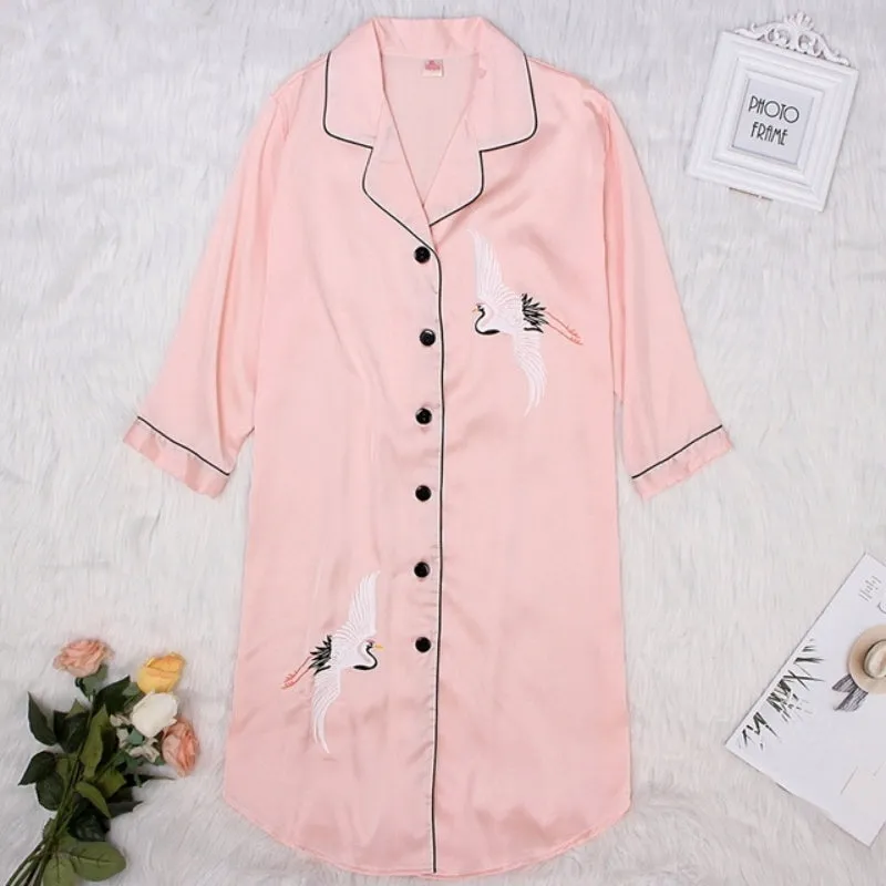 Nightdress Crane Print Women Elegant Longshirt Loungewear