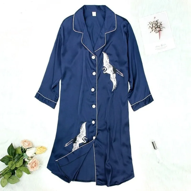 Nightdress Crane Print Women Elegant Longshirt Loungewear