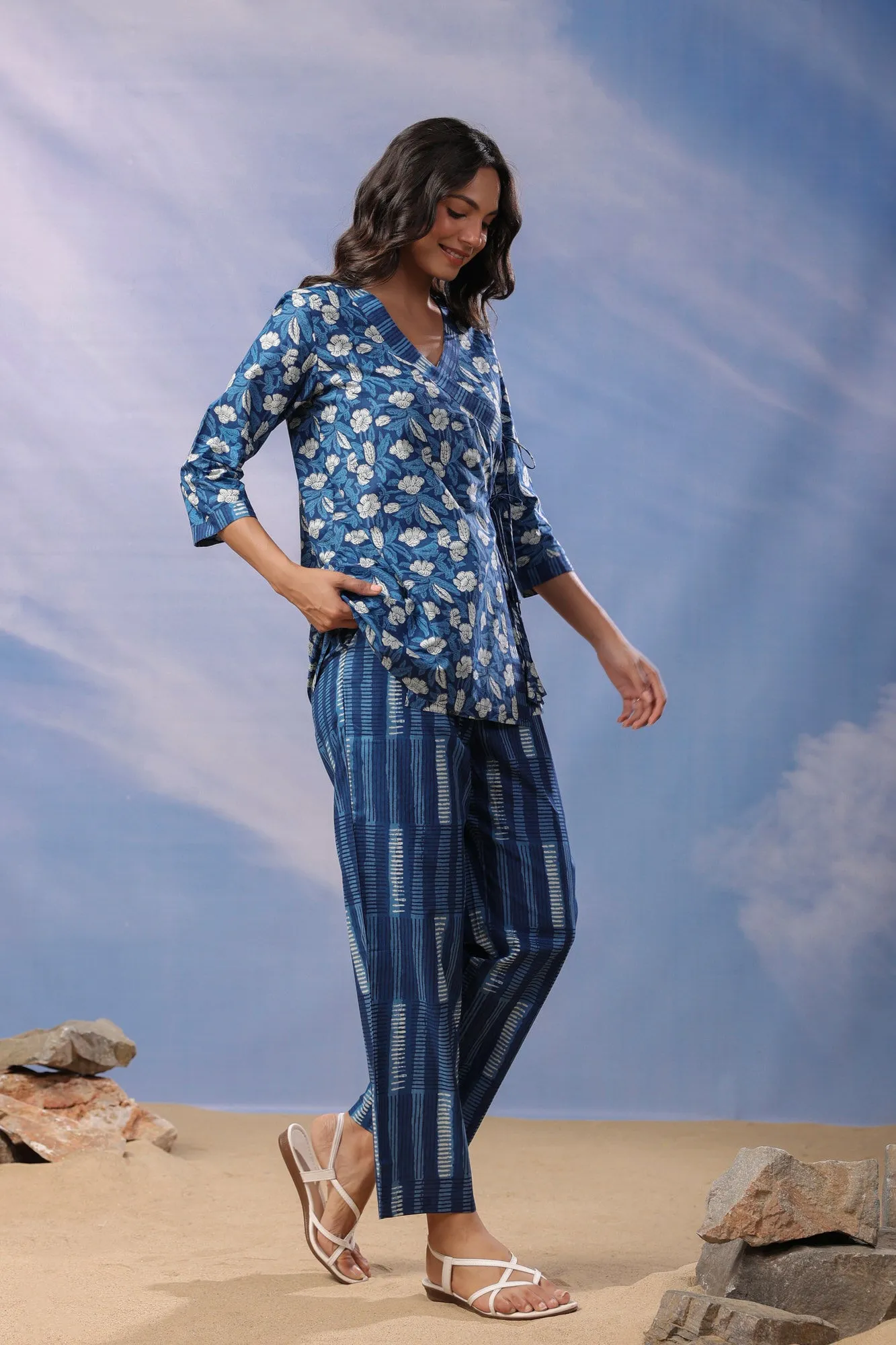 Oceanic Elegance Cotton Loungewear Top Set