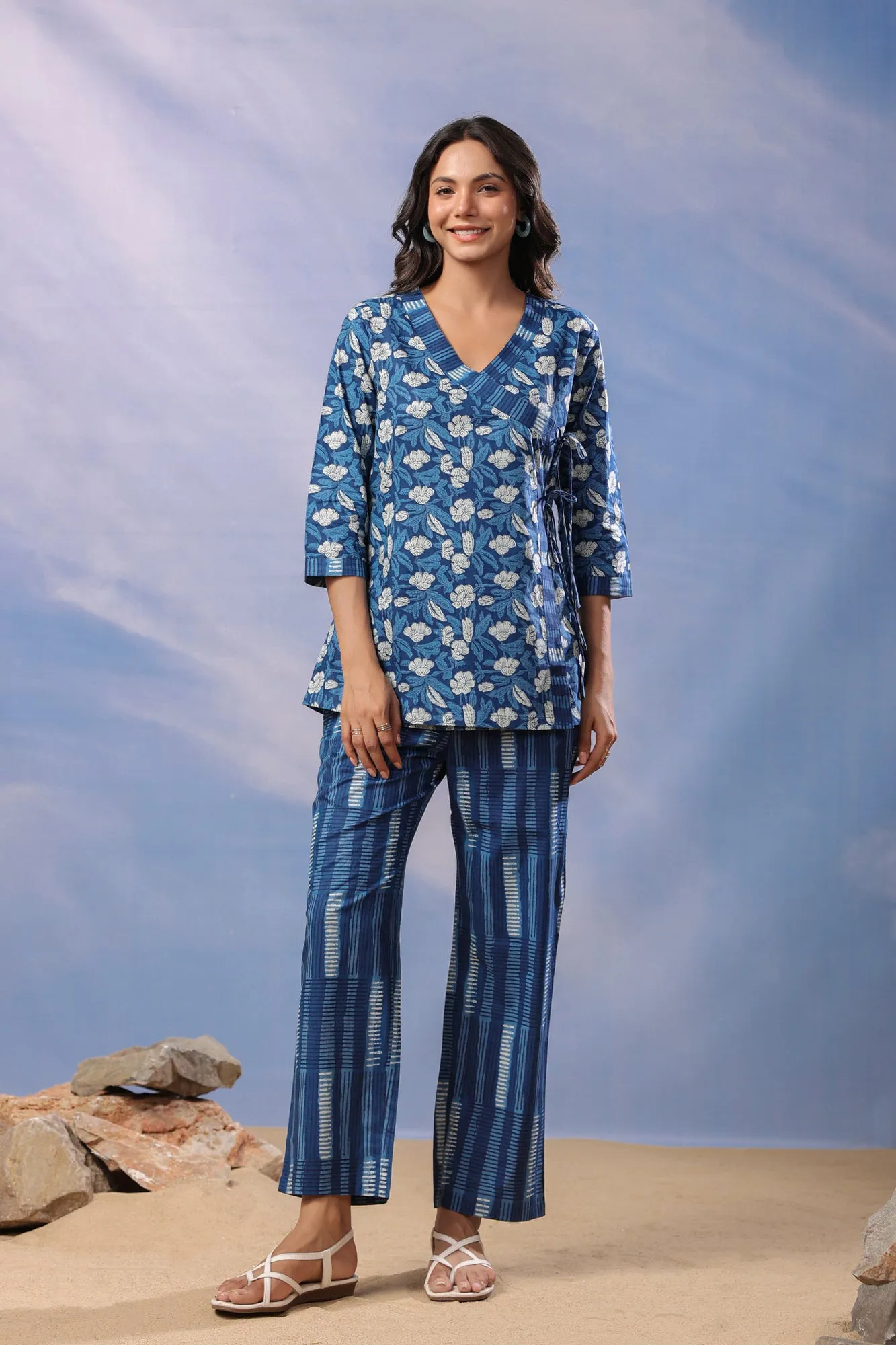 Oceanic Elegance Cotton Loungewear Top Set