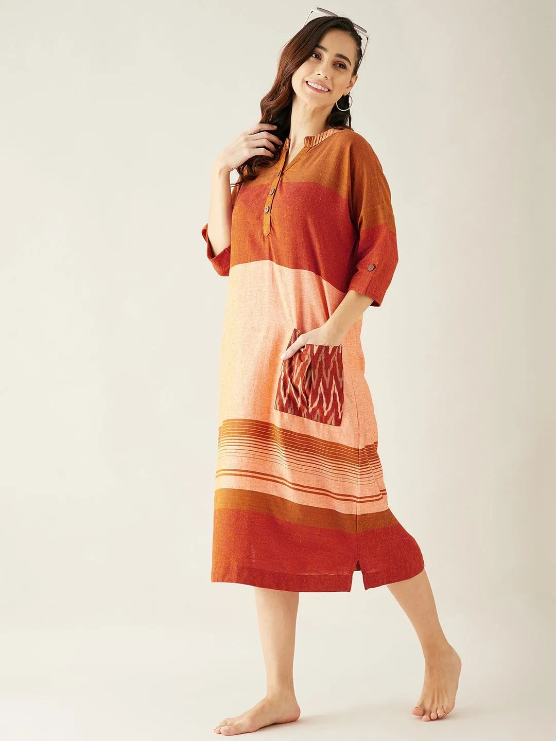 Orange and Peach Straight Cut Knee Length Dress