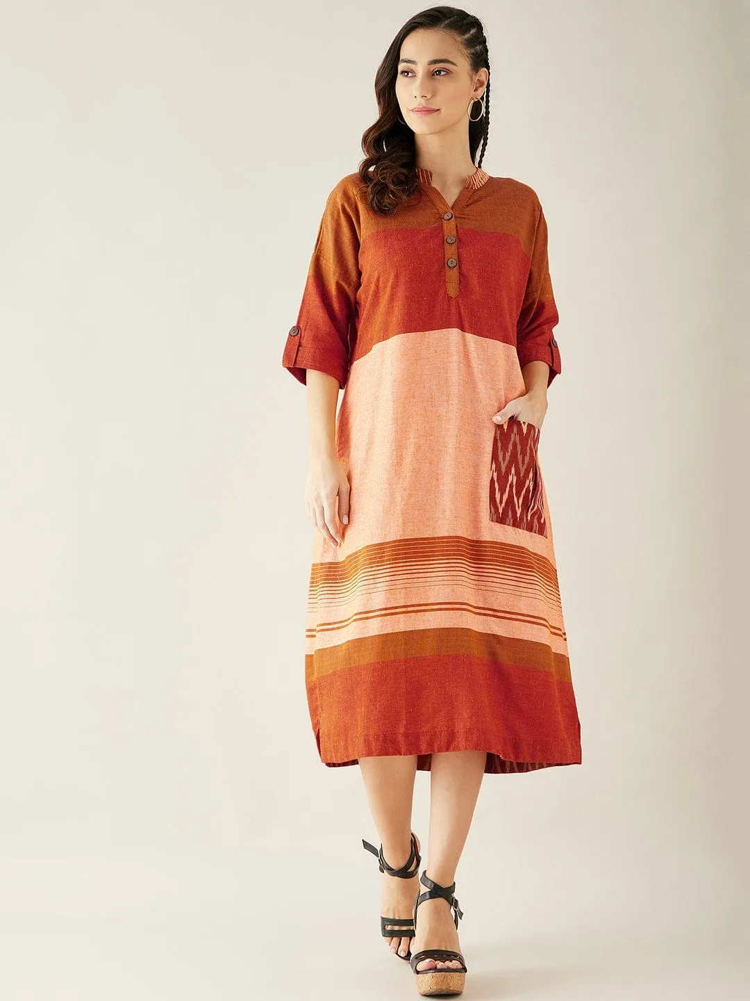 Orange and Peach Straight Cut Knee Length Dress