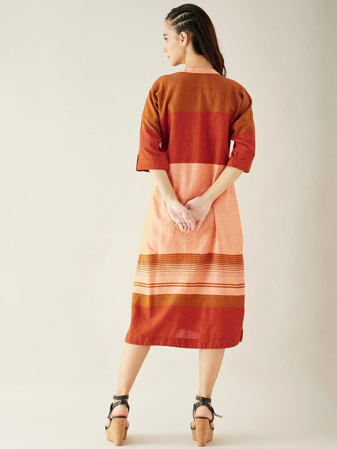 Orange and Peach Straight Cut Knee Length Dress