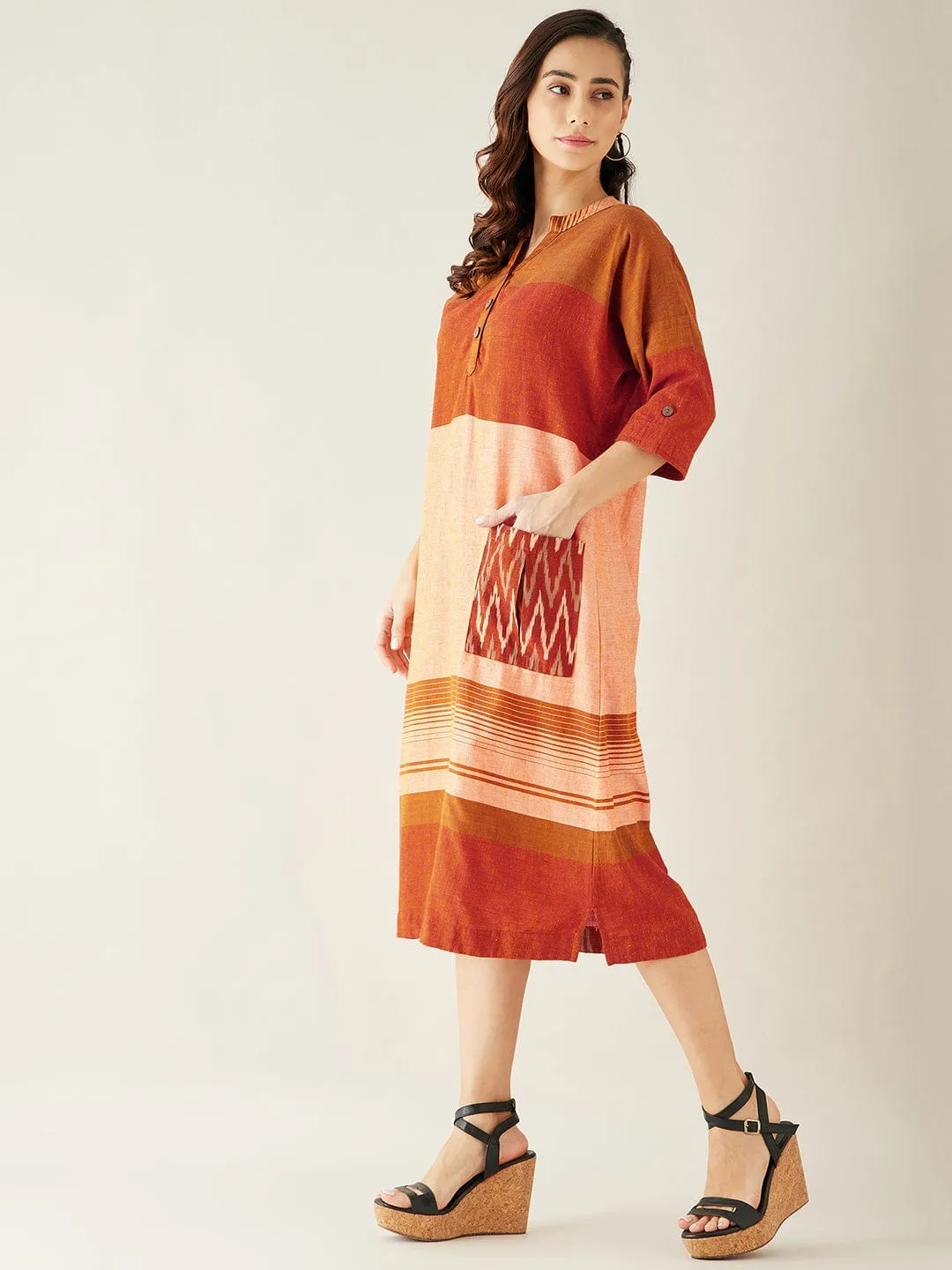 Orange and Peach Straight Cut Knee Length Dress