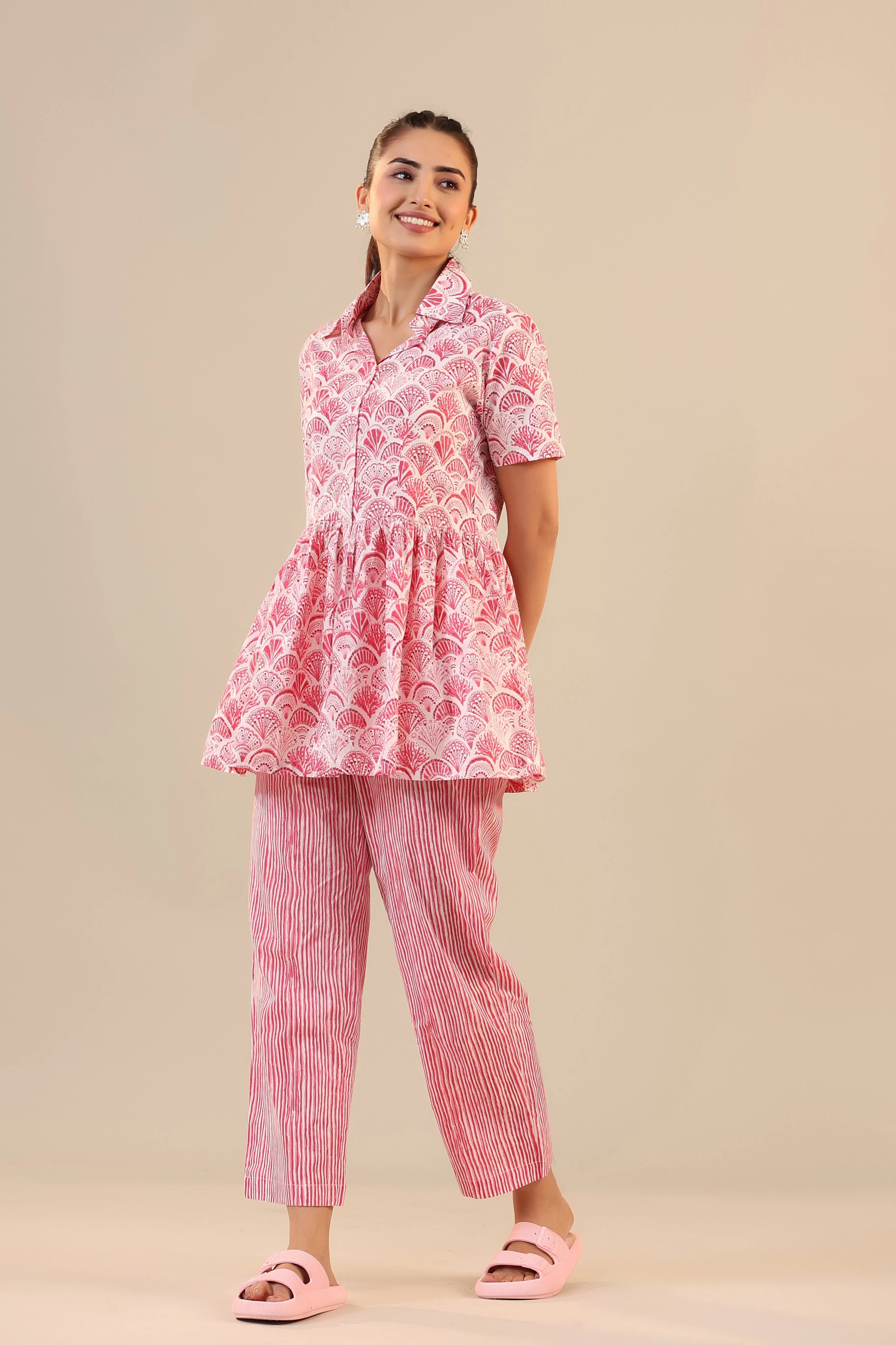 Parallel Stripes with Atelior on Pink Peplum Loungewear Top Set