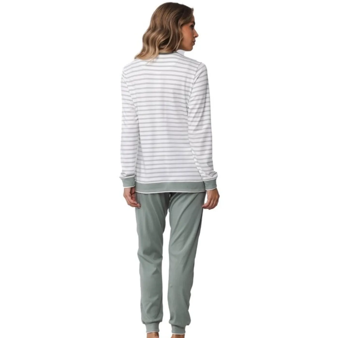 Pastunette Sage Green Stripe Half Button Pyjama Set