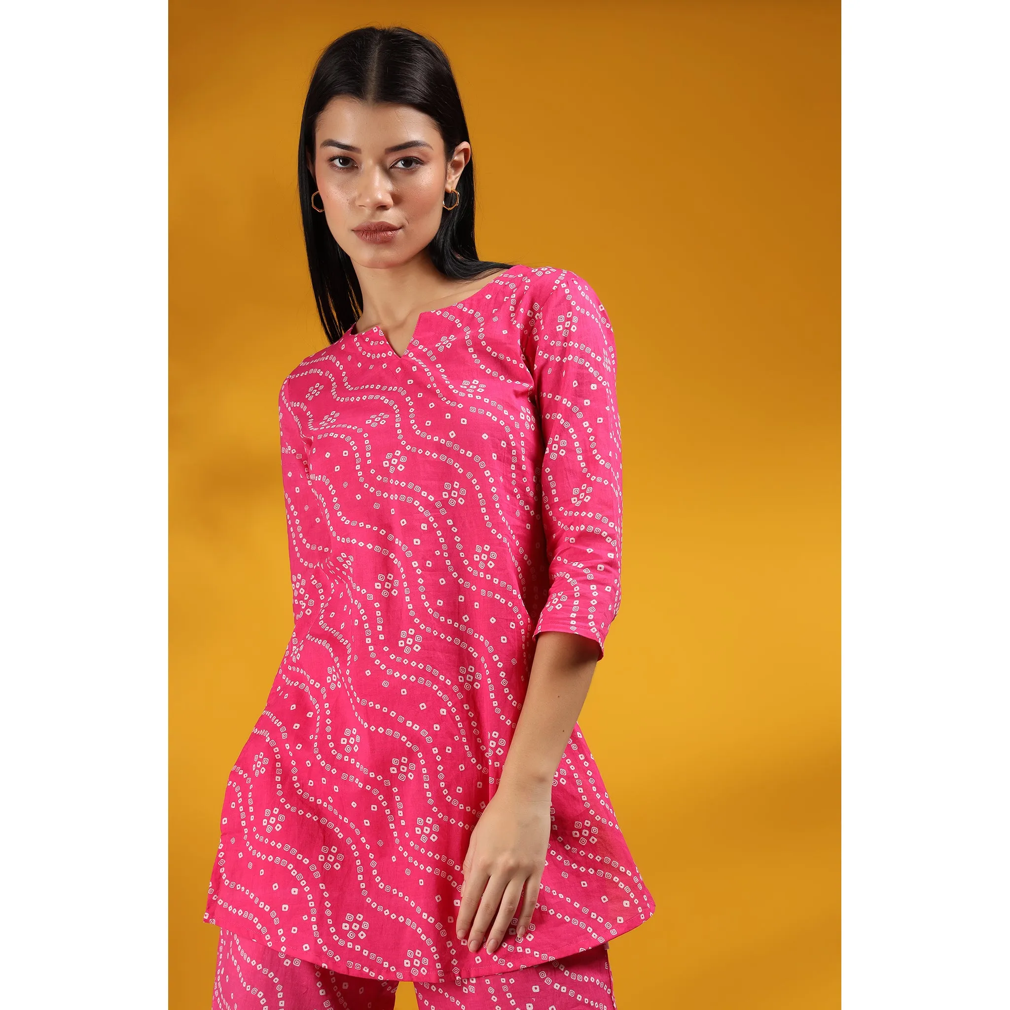 Patterned Bandhej on Pink Loungewear Top Set