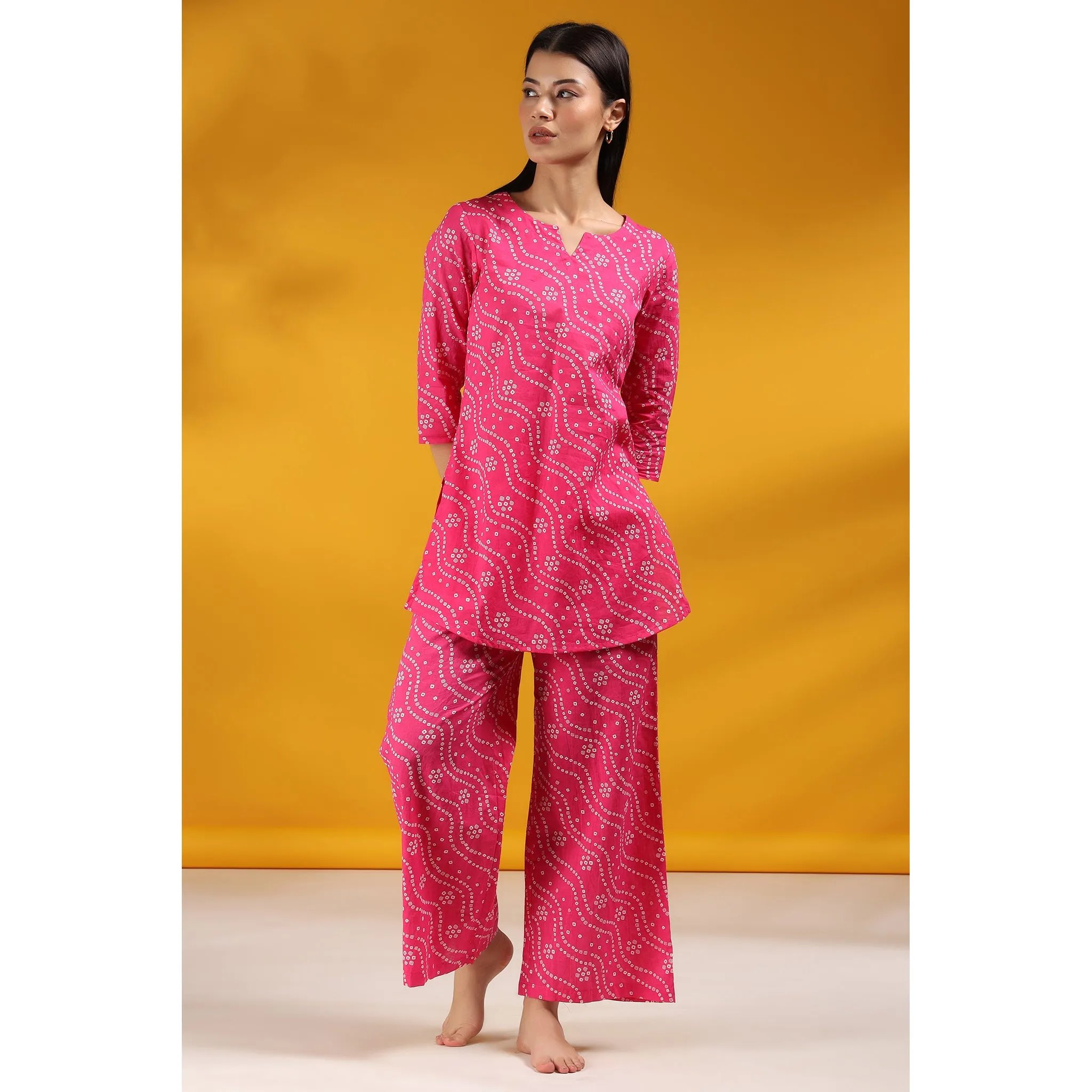 Patterned Bandhej on Pink Loungewear Top Set