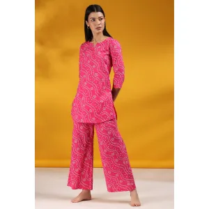 Patterned Bandhej on Pink Loungewear Top Set