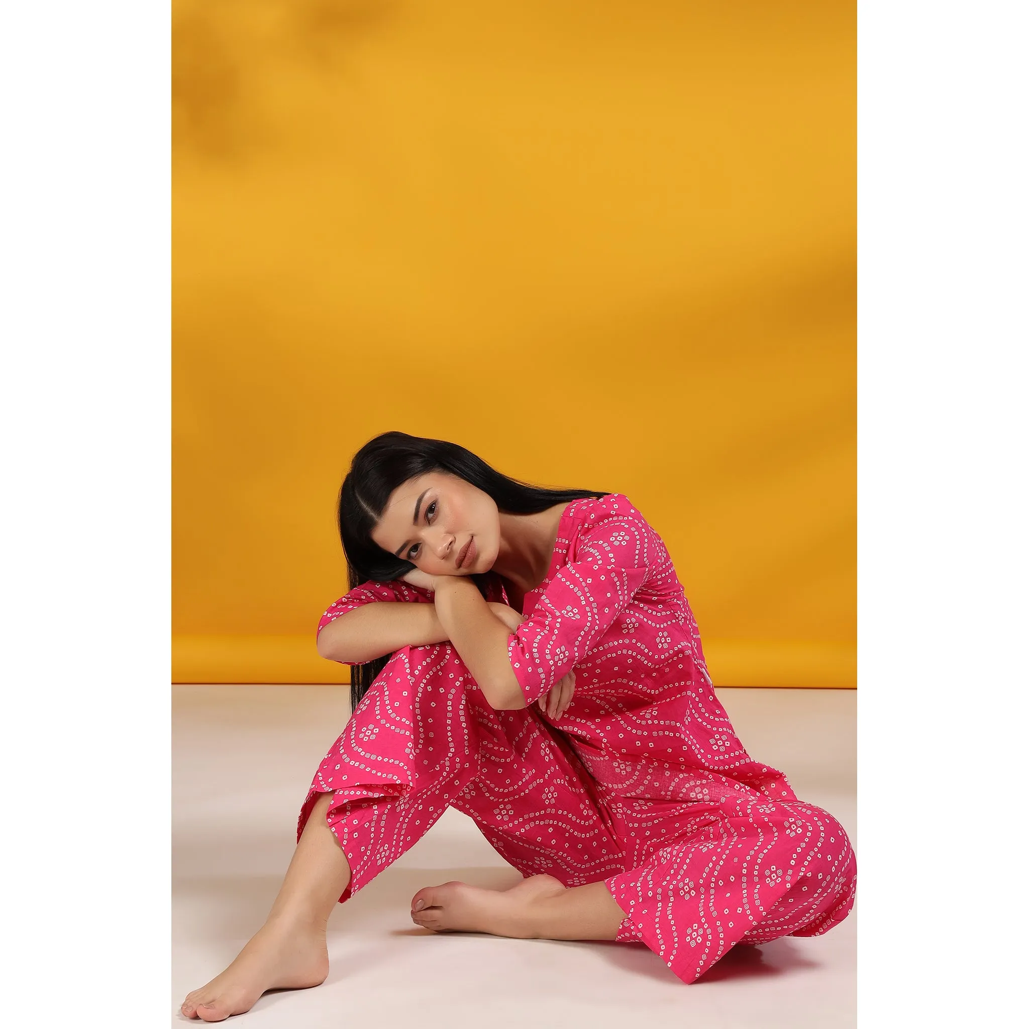 Patterned Bandhej on Pink Loungewear Top Set