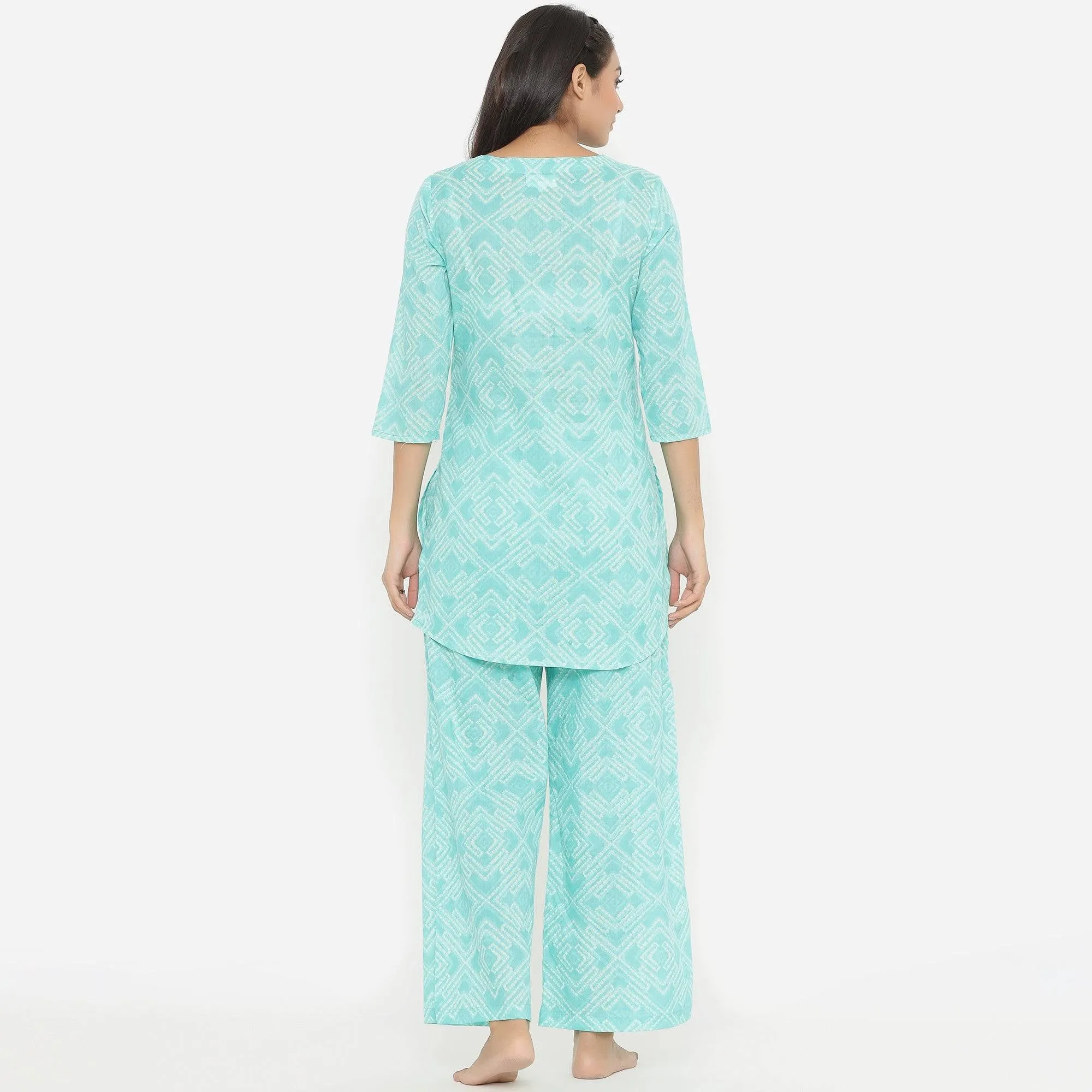 Patterned Shibori On Blue Cotton Loungewear Top Set