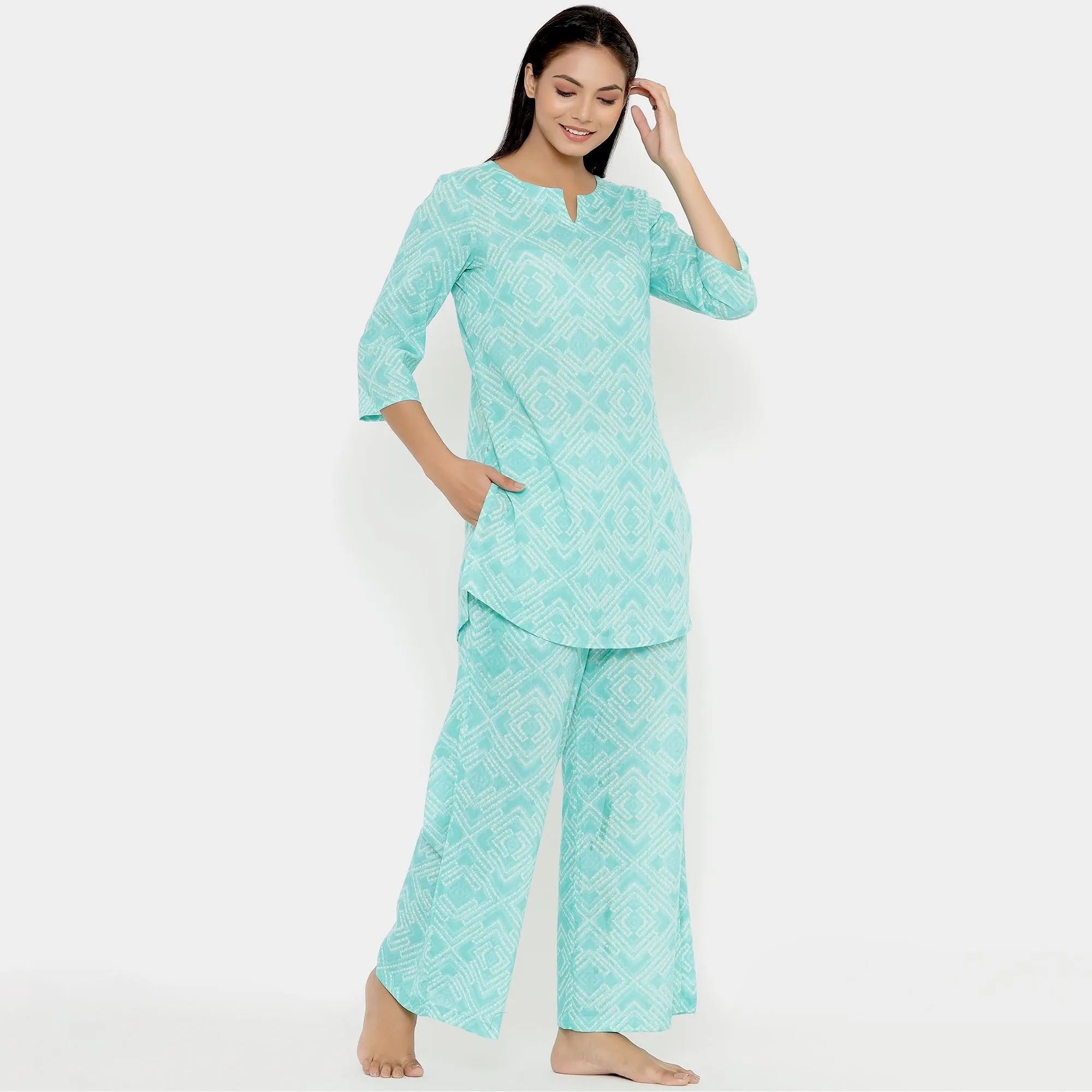 Patterned Shibori On Blue Cotton Loungewear Top Set