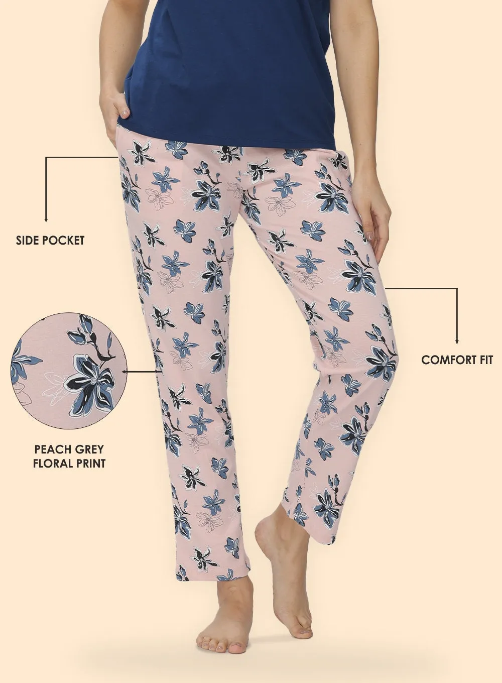 PEACH GREY FLORAL PRINTED PYJAMA (PB10030P013)