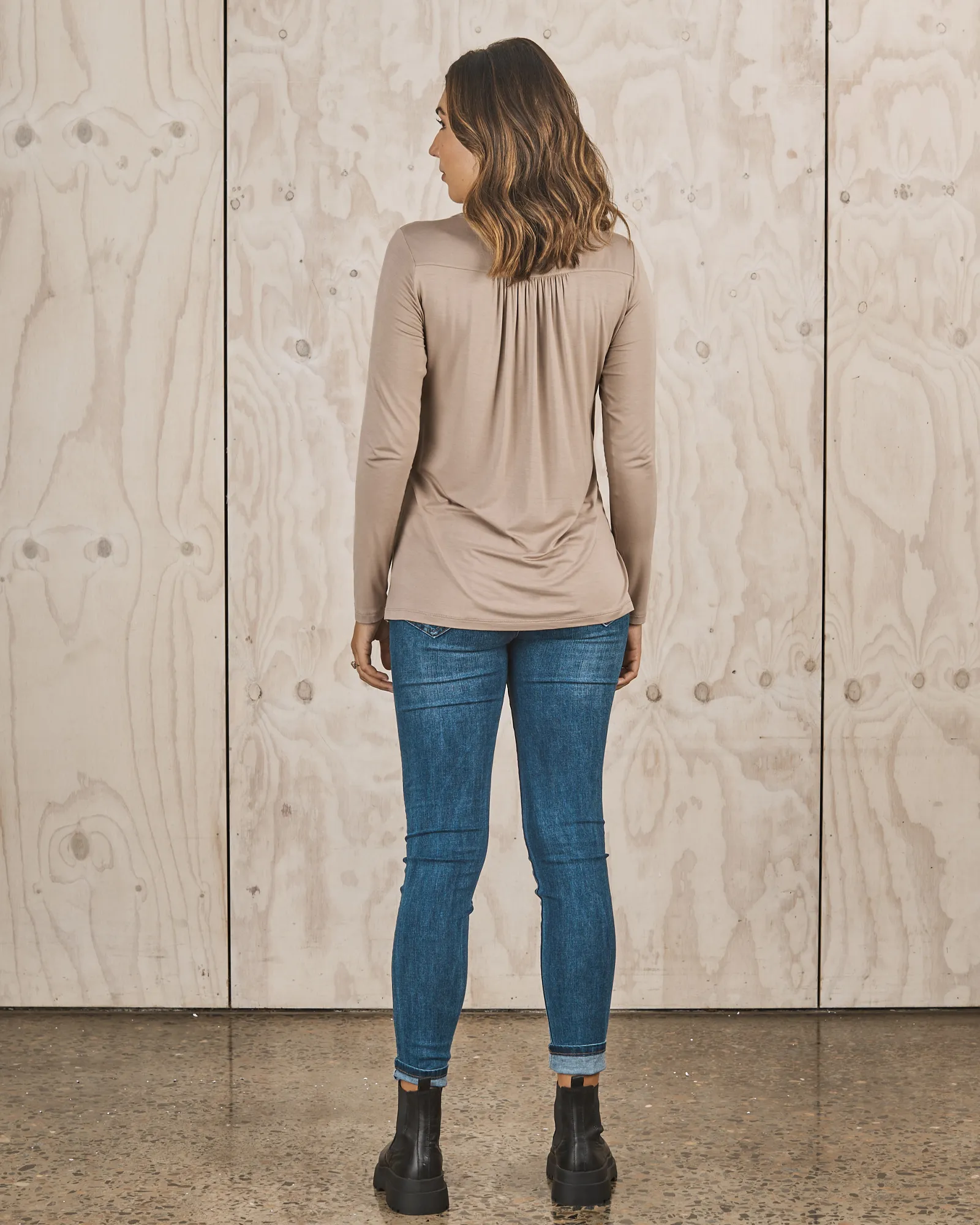 Petal Front Long Sleeve Nursing Top - Beige