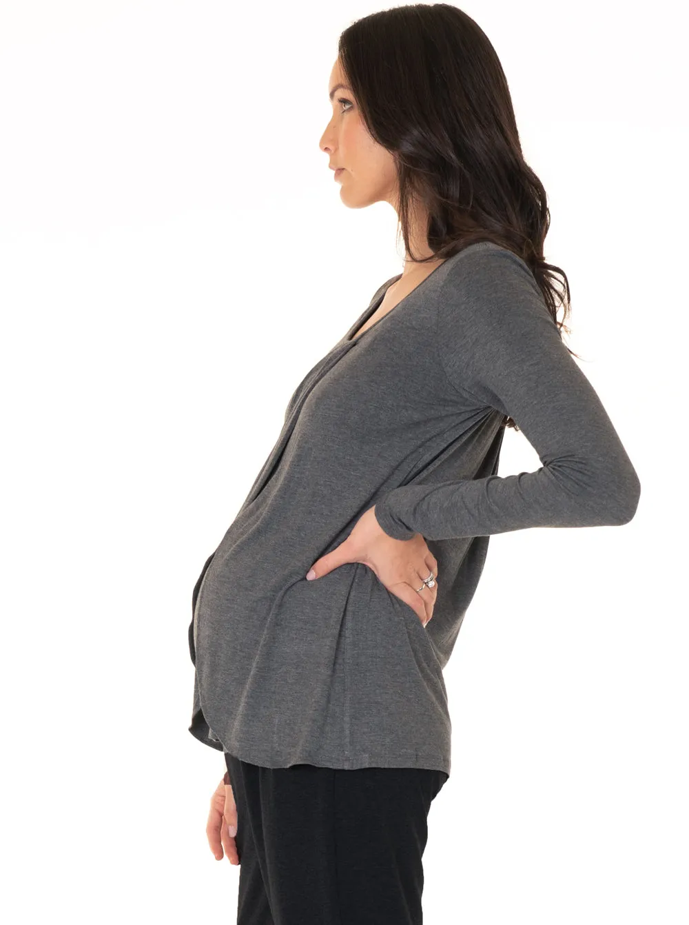 Petal Front Maternity Long Sleeve Nursing Top - Grey