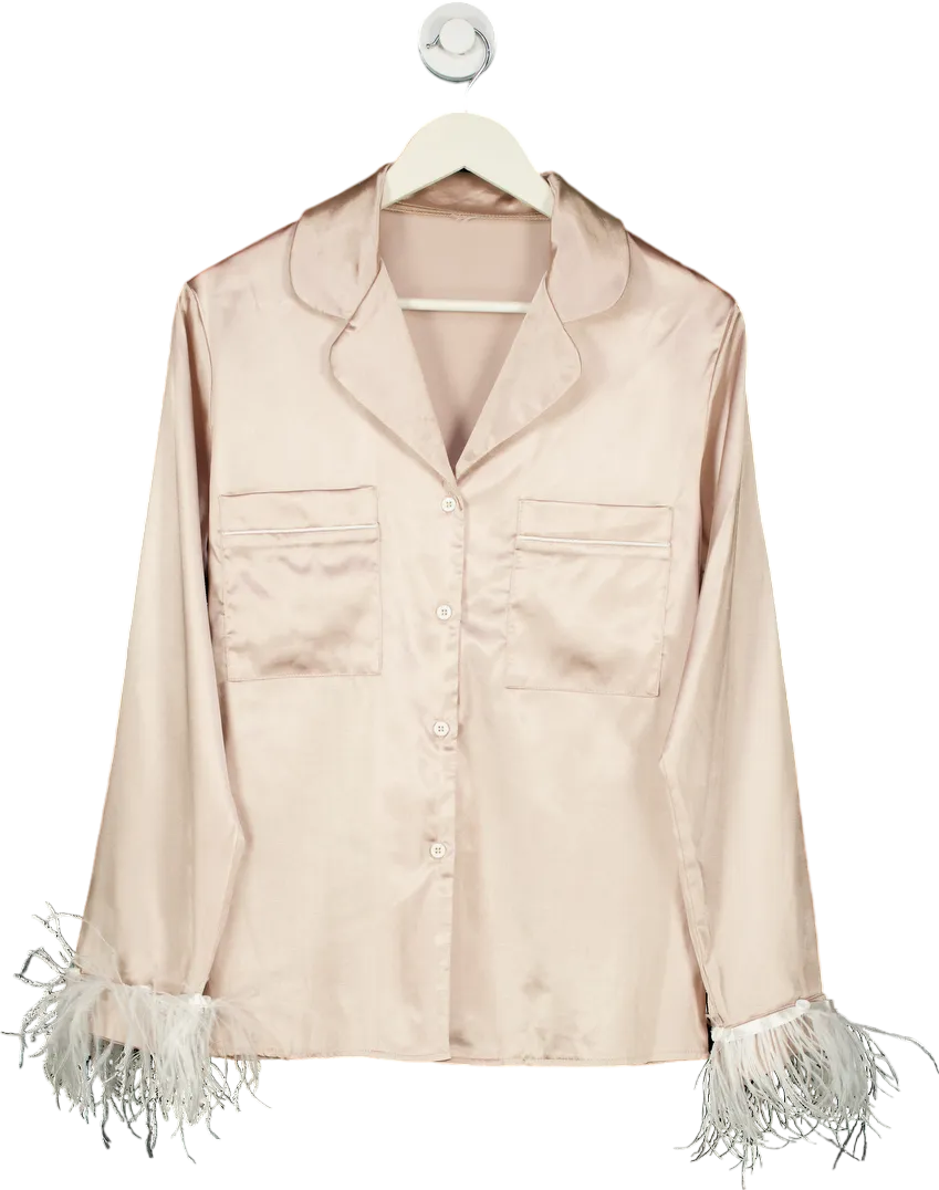 Pink satin feather trim shirt UK S