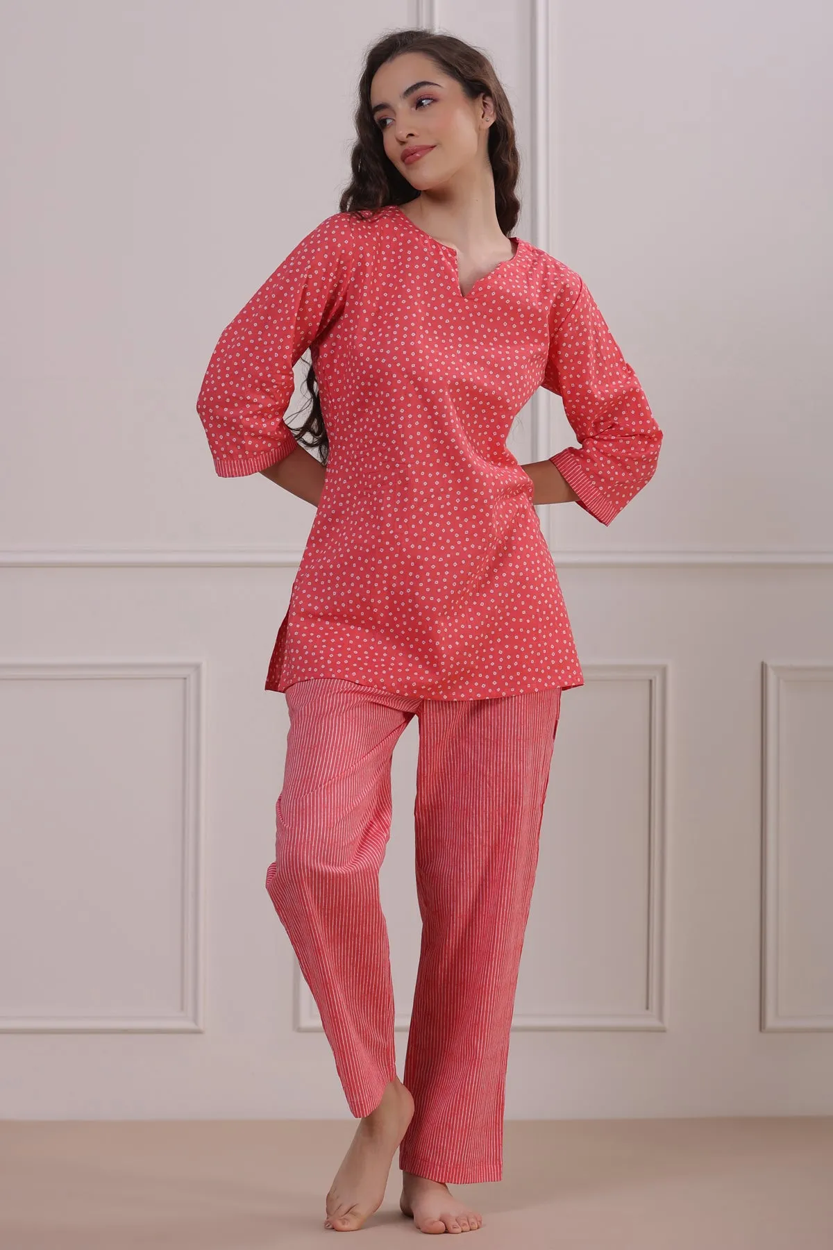 Polka Dots with Stripes on Peach Loungewear Top Set