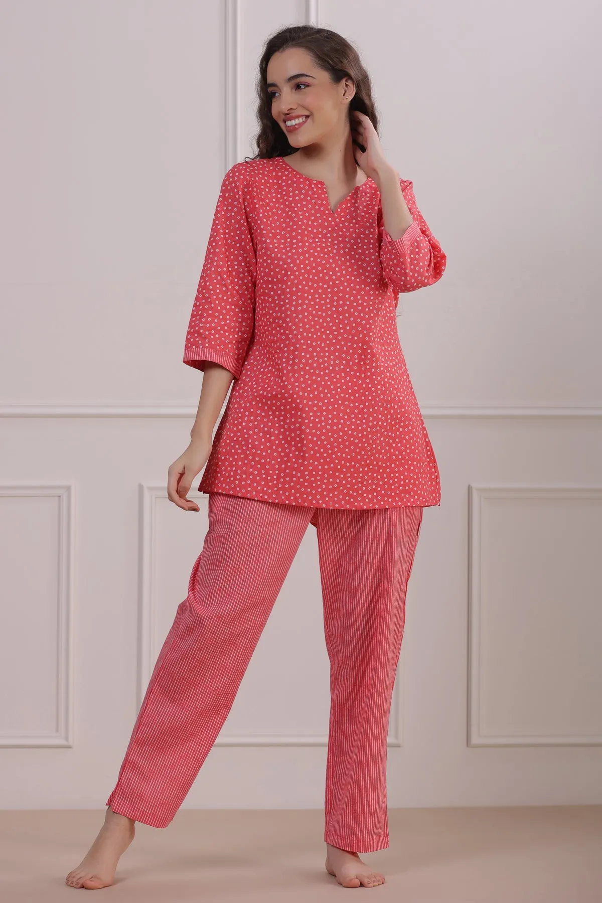 Polka Dots with Stripes on Peach Loungewear Top Set