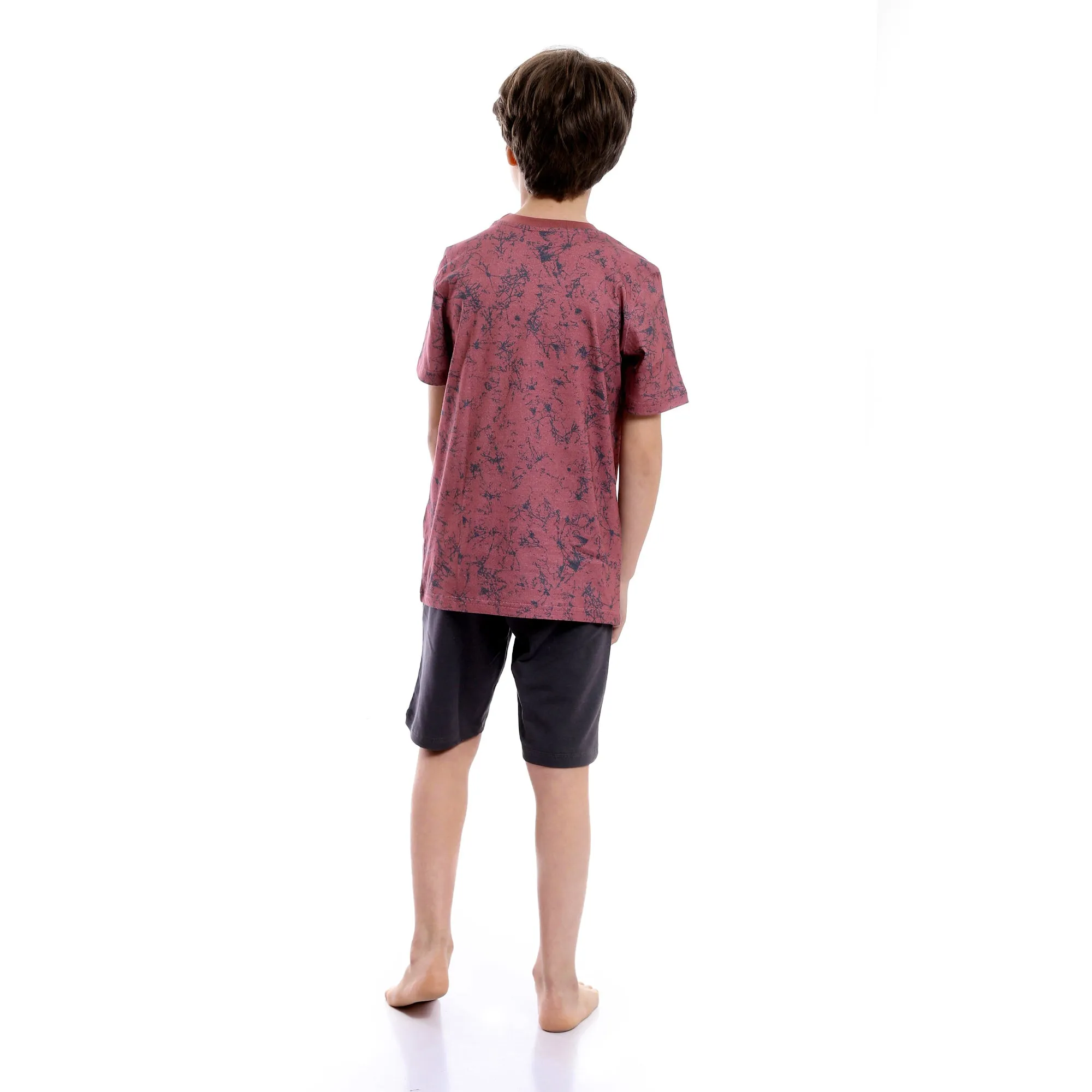 Printed Round Neck Tee & Shorts Pajama Set - Burgundy & Grey