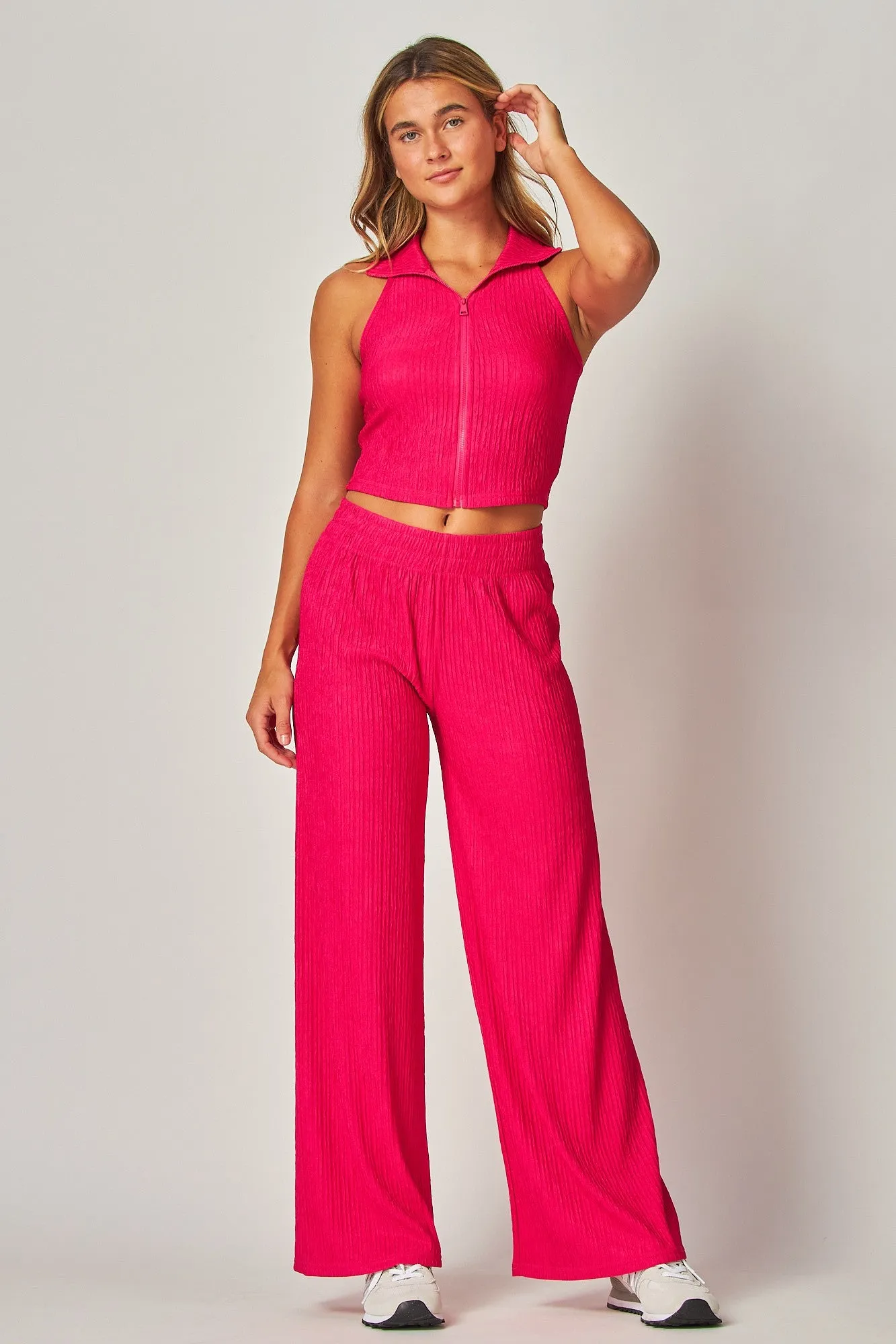 Raspberry Crinkle Textured Collar Zip-up 2pc Loungewear Set