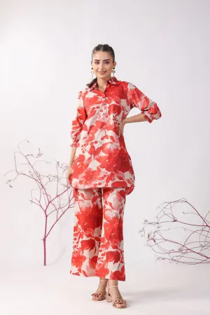 Red Roses On Beige Palazzo Loungewear Set