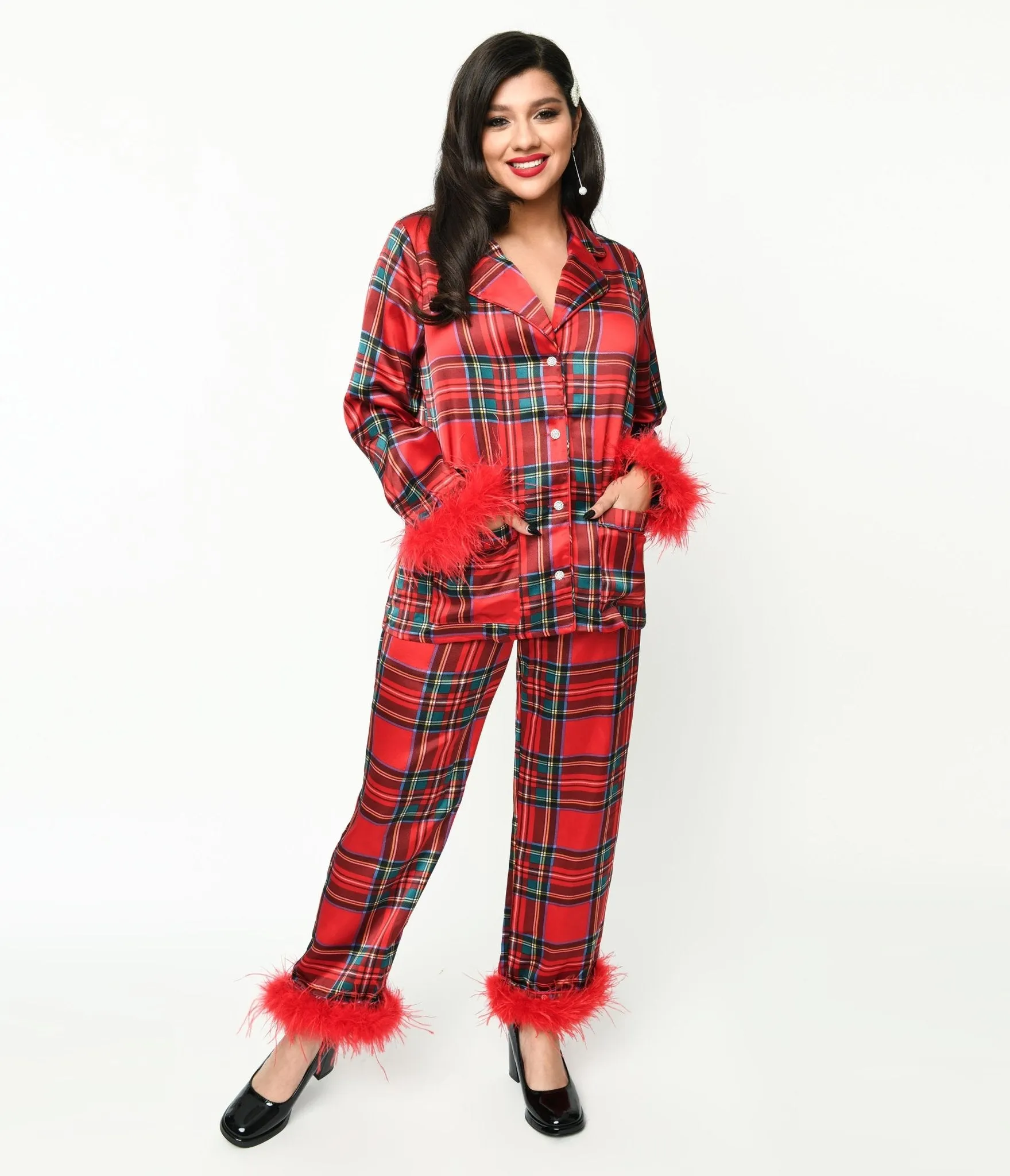 Red Tartan & Feather Trim Pajama Set