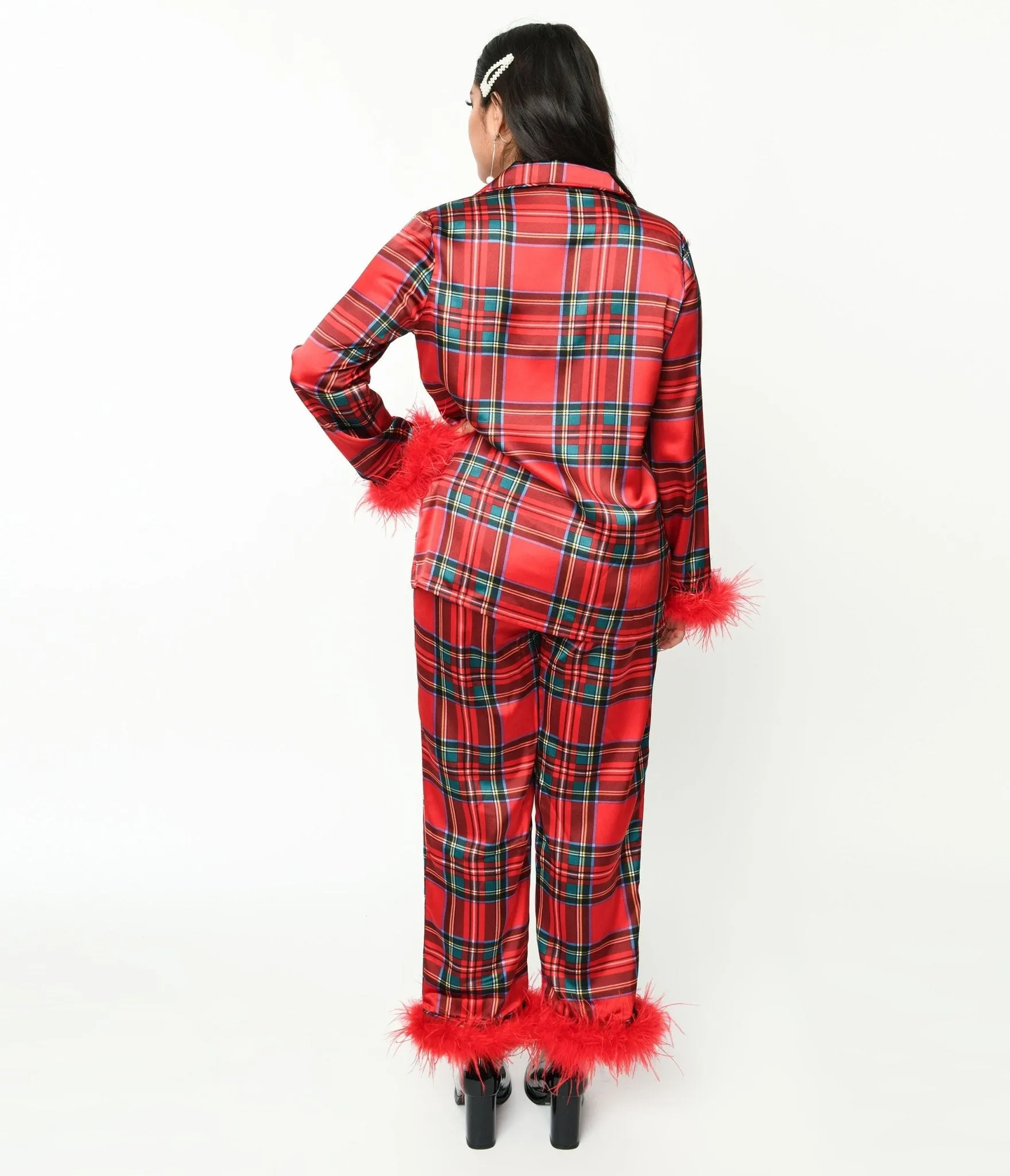 Red Tartan & Feather Trim Pajama Set