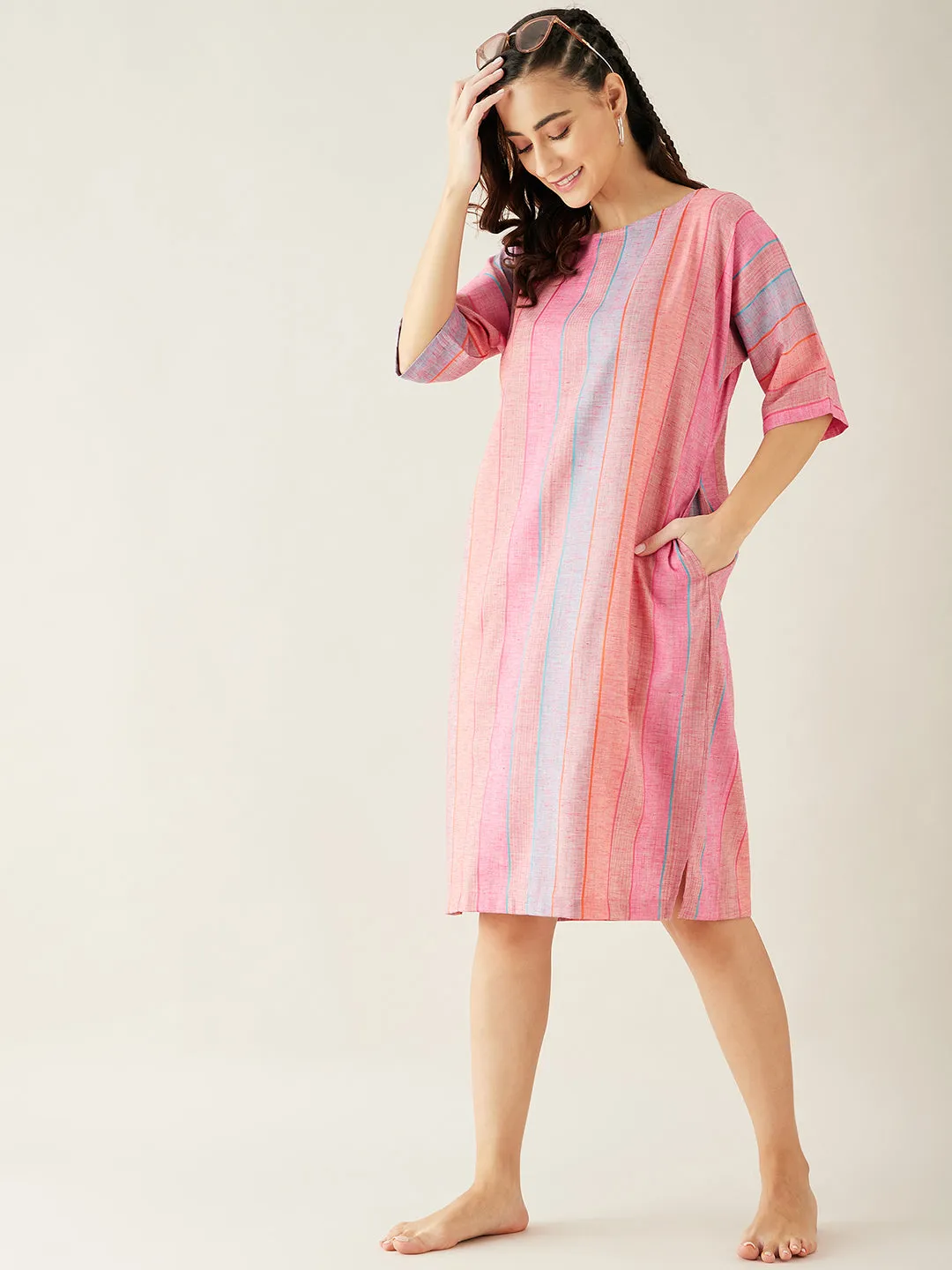 Shades of Pink Boxy Cotton Knee Length Dress (Final Sale)