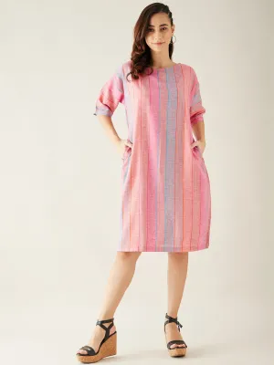 Shades of Pink Boxy Cotton Knee Length Dress (Final Sale)