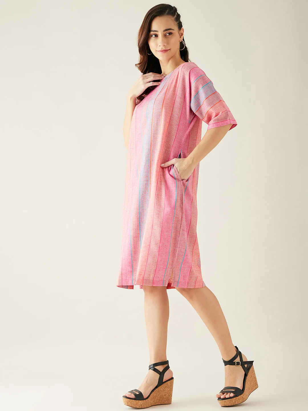 Shades of Pink Boxy Cotton Knee Length Dress (Final Sale)