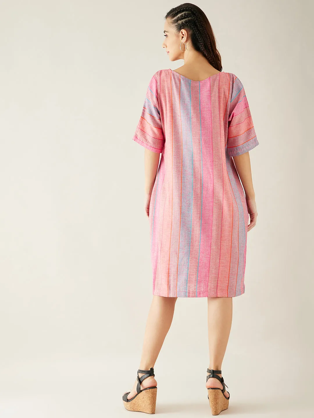 Shades of Pink Boxy Cotton Knee Length Dress (Final Sale)