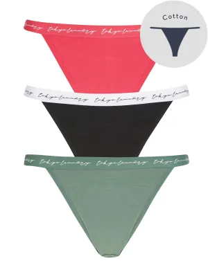 Sienna (3 Pack) Assorted Cotton Tanga Briefs In Azalea Rose / Jet Black / Laurel Wreath - Tokyo Laundry