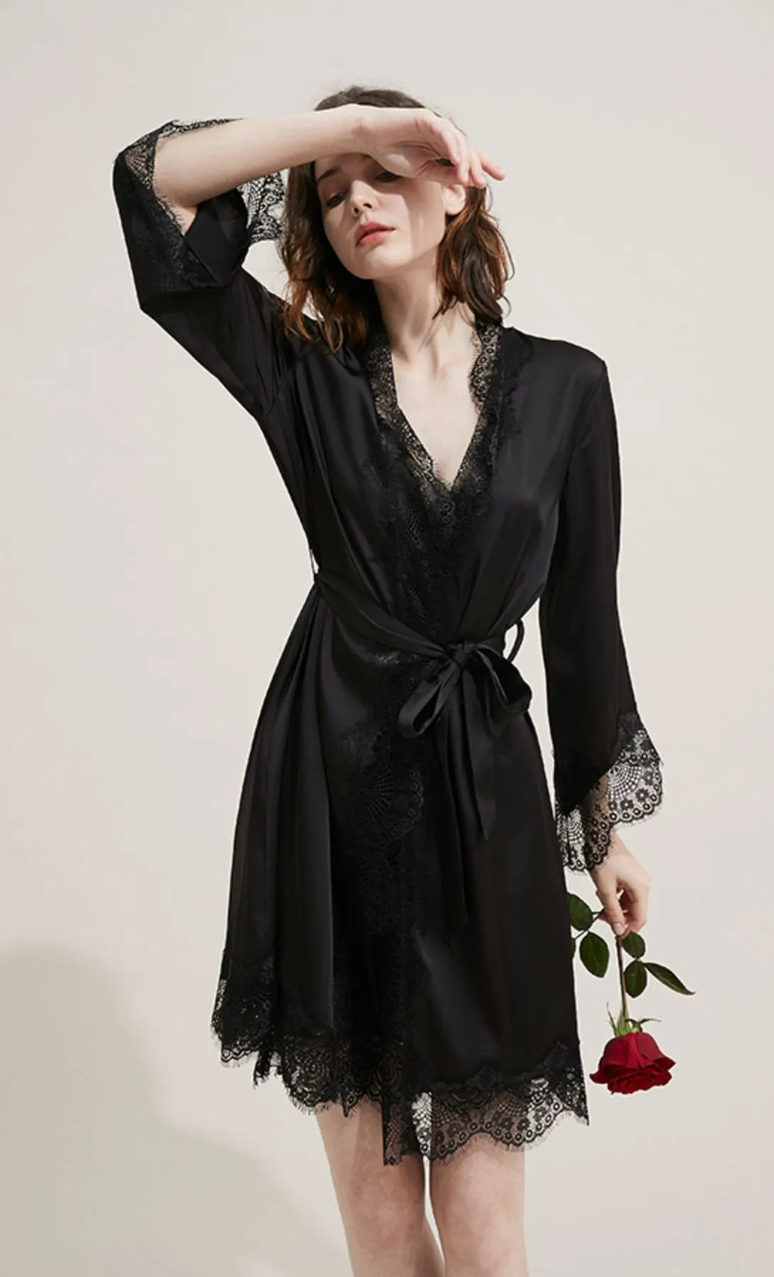 Silk Long Lace Trimmed Robe Sleepwear Loungewear