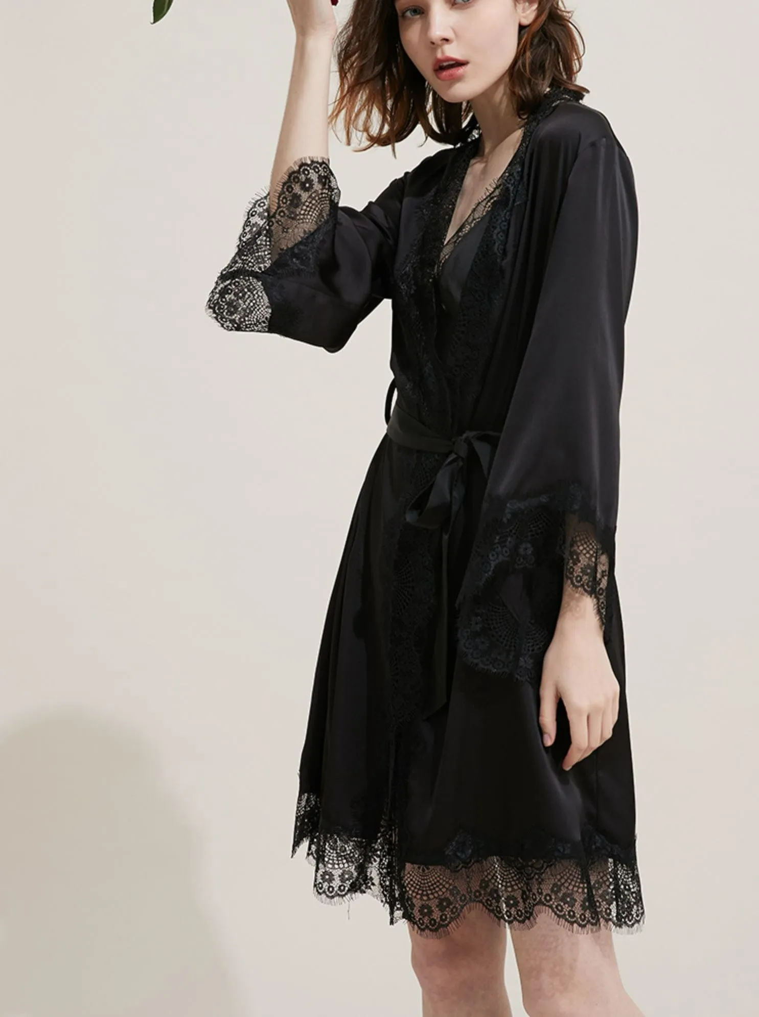 Silk Long Lace Trimmed Robe Sleepwear Loungewear