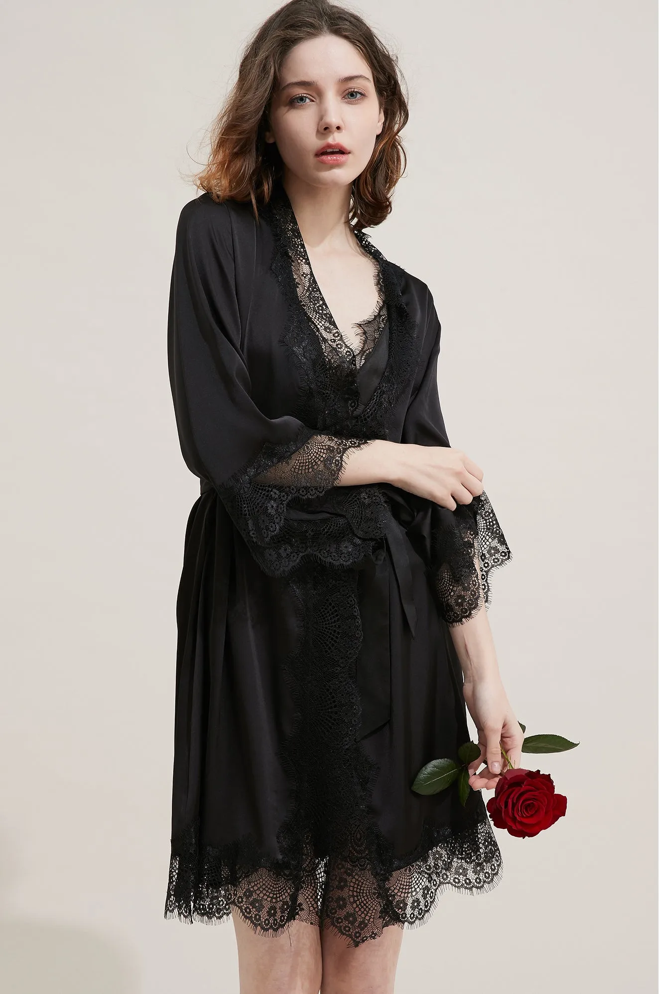 Silk Long Lace Trimmed Robe Sleepwear Loungewear