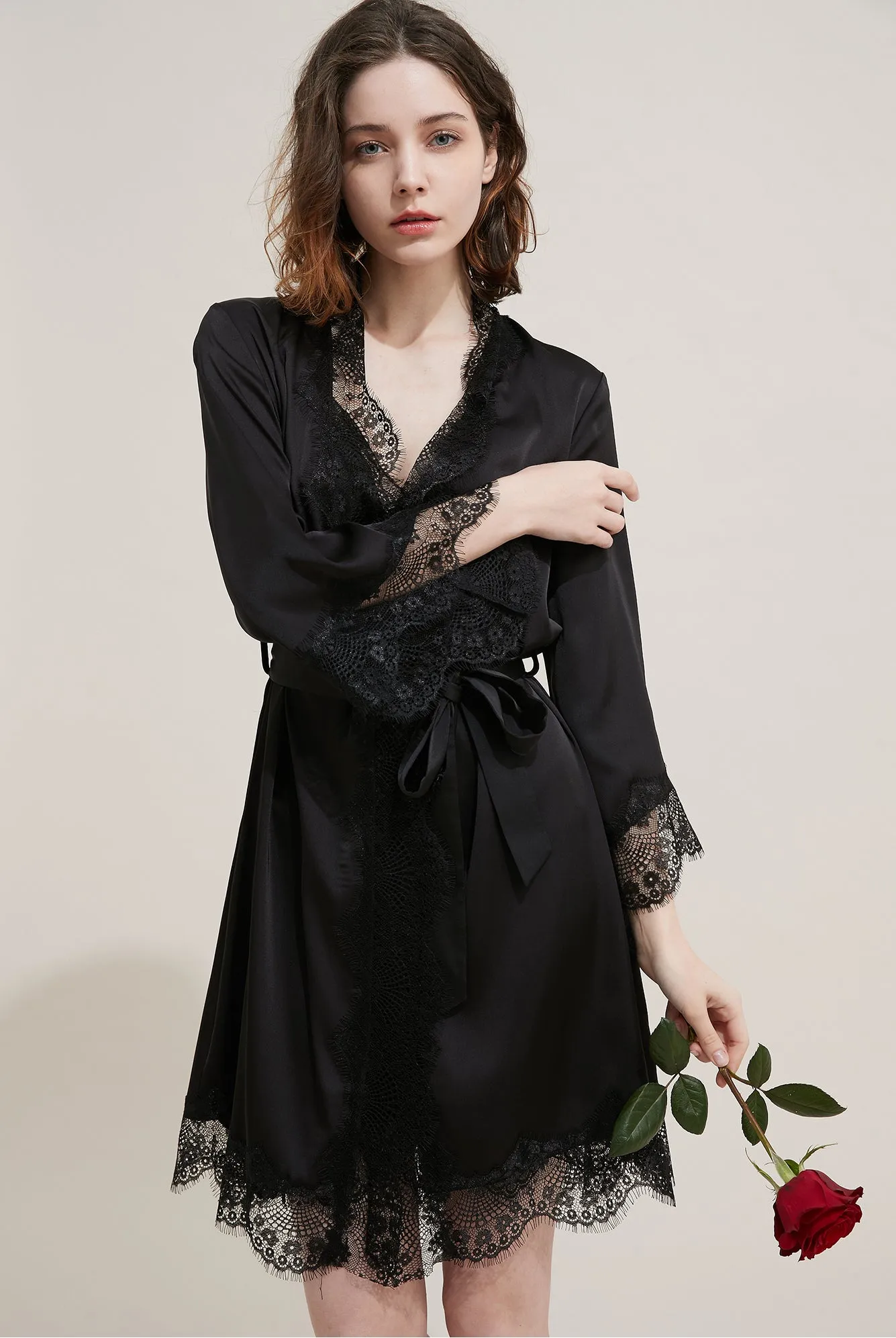 Silk Long Lace Trimmed Robe Sleepwear Loungewear