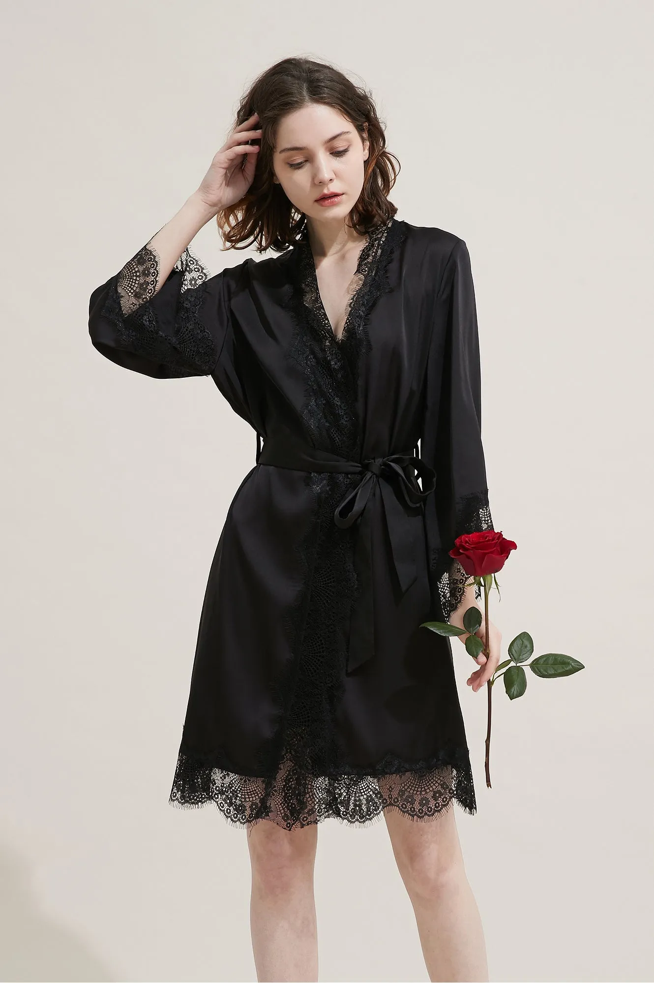 Silk Long Lace Trimmed Robe Sleepwear Loungewear