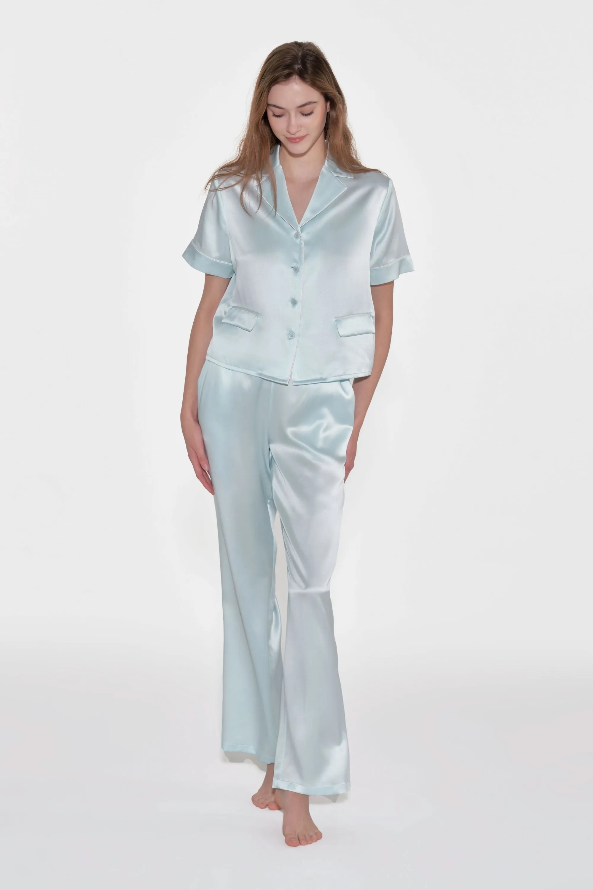 Sky Blue Short Sleeved Silk Pyjama Set