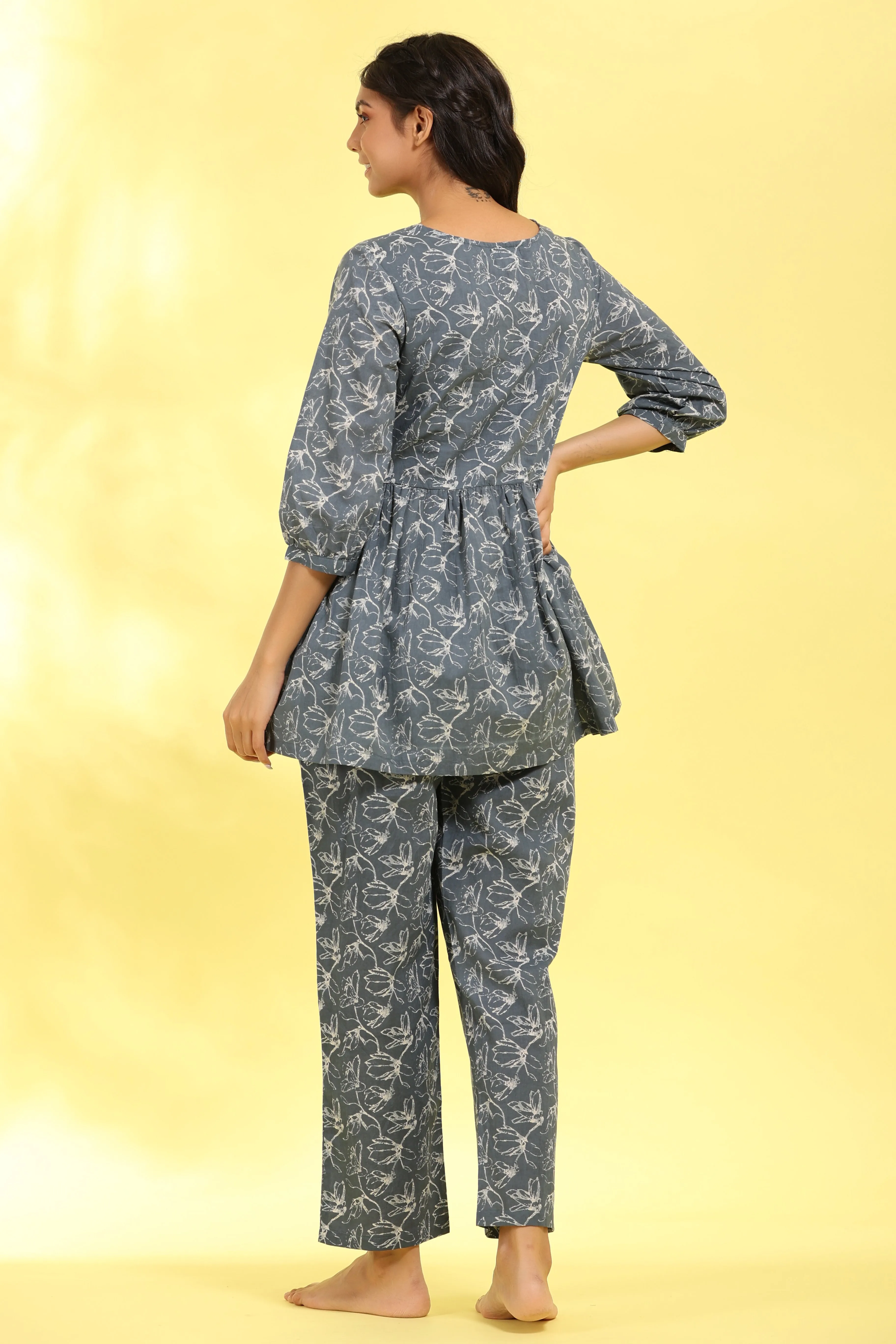 Snowdrop Flowers On Grey Peplum Loungewear Top Set