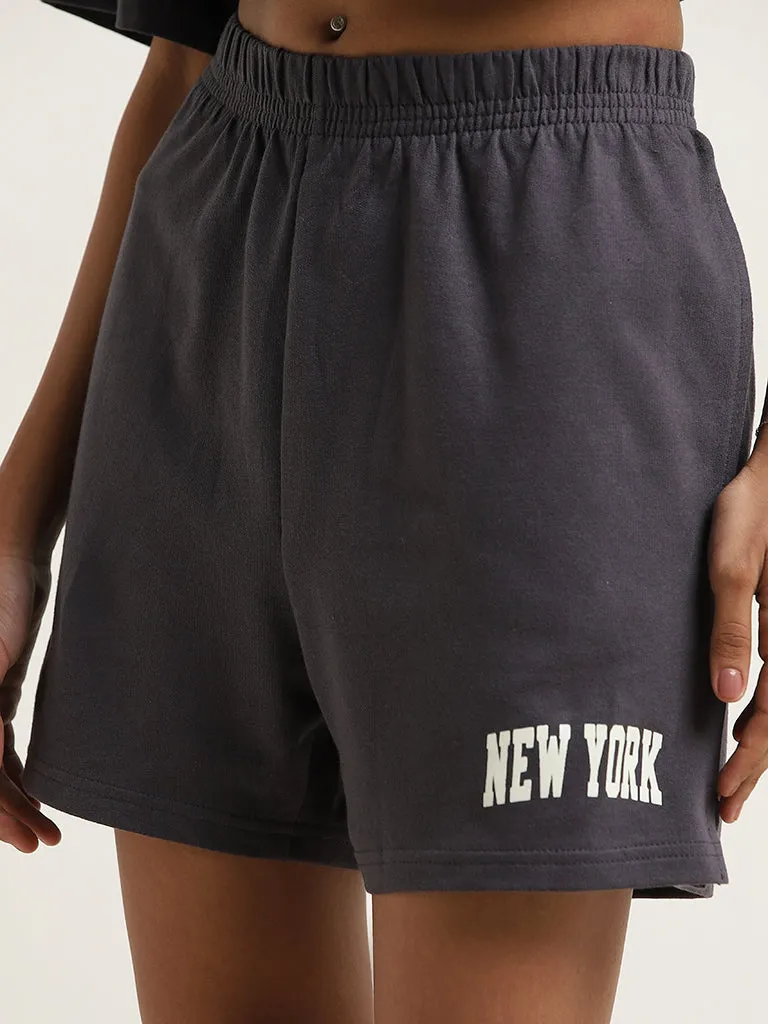 Superstar Grey Text Printed High-Rise Cotton Shorts