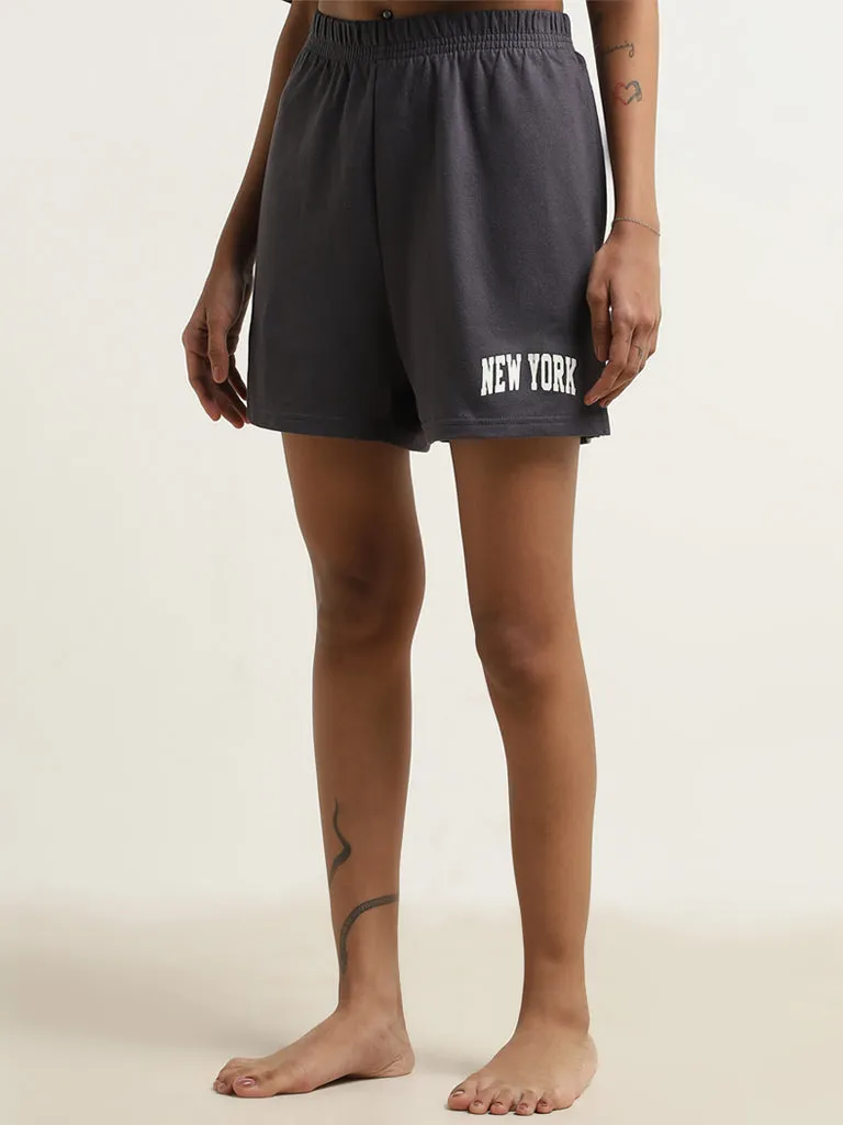 Superstar Grey Text Printed High-Rise Cotton Shorts