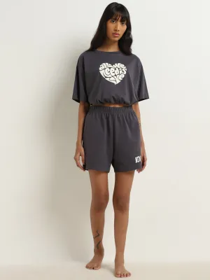 Superstar Grey Text Printed High-Rise Cotton Shorts