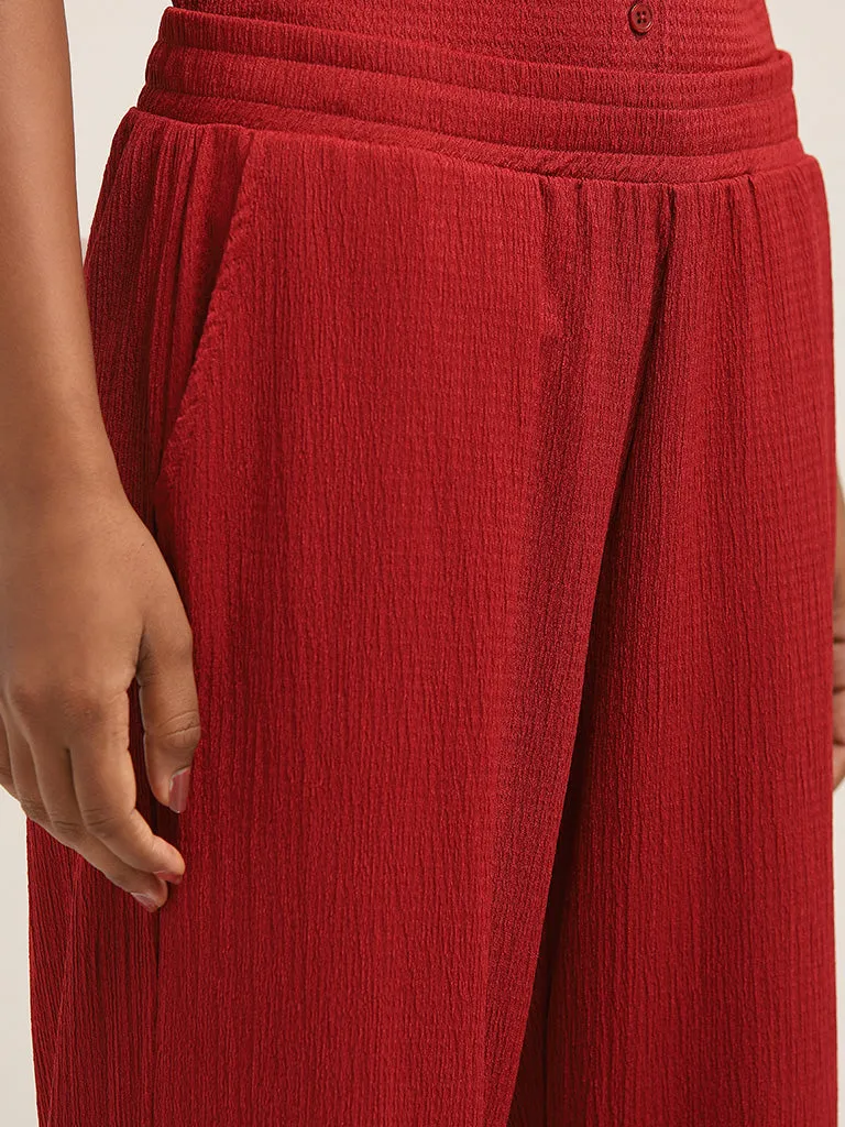 Superstar Red Crinkle-Textured High-Rise Pants