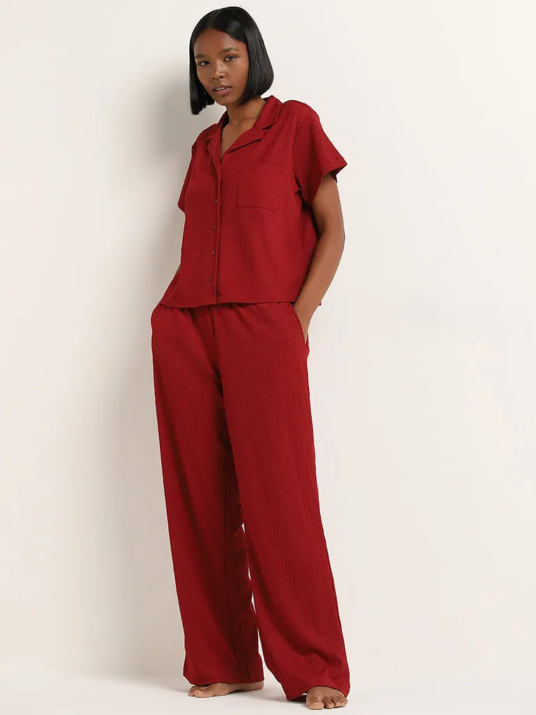 Superstar Red Crinkle-Textured High-Rise Pants