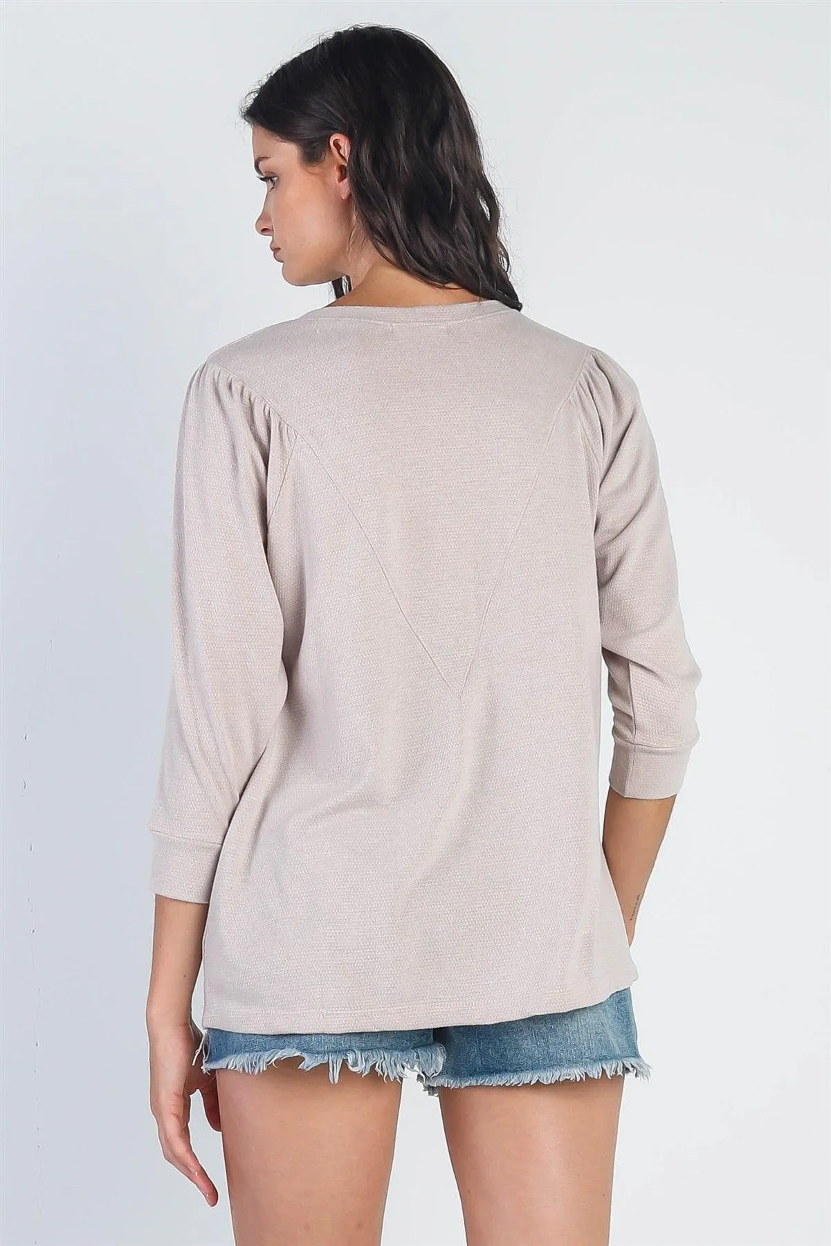 Taupe Textured Crew Neck Midi Sleeve Sweater