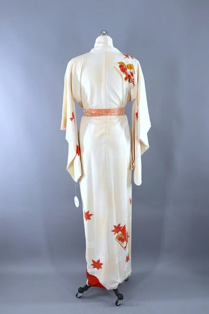 Vintage Ivory & Red Maple Leaves Silk Kimono Robe