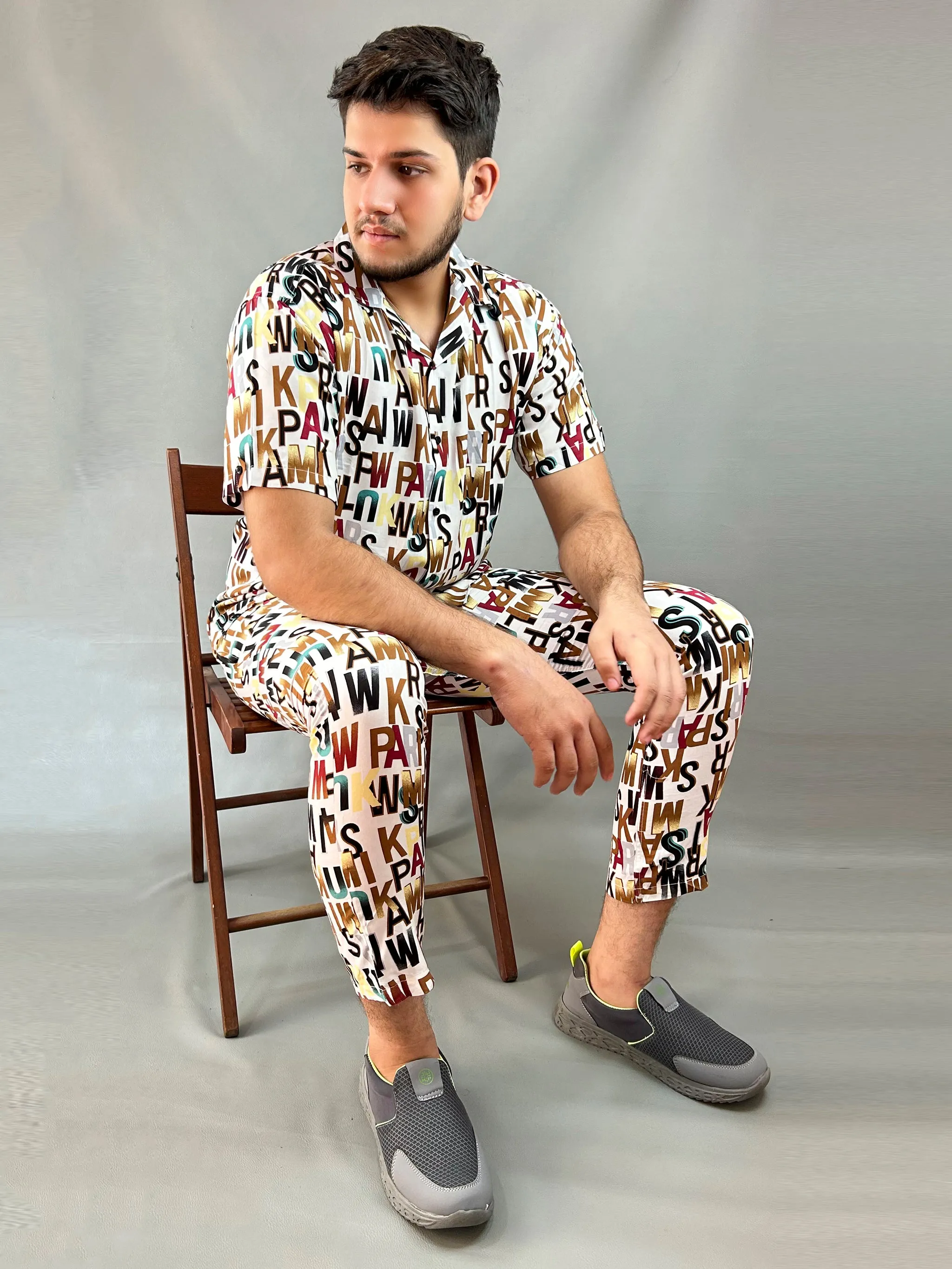 White Alphabets Printed Linen Co-Ords Set For Men MTS01