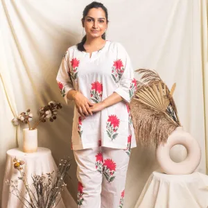 White And Pink Floral Blockprinted Loungewear Pyjama Set